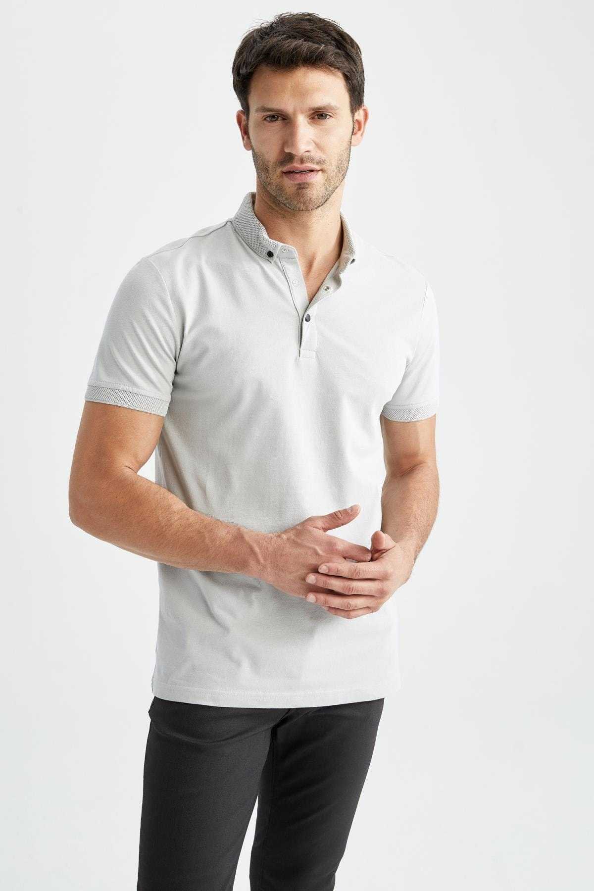 تیشرت نخی آستین کوتاه با یقه پولو باریک