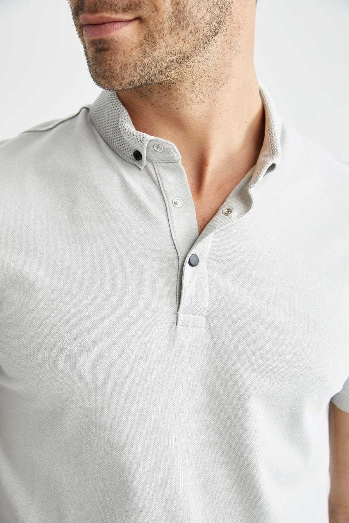 تیشرت نخی آستین کوتاه با یقه پولو باریک
