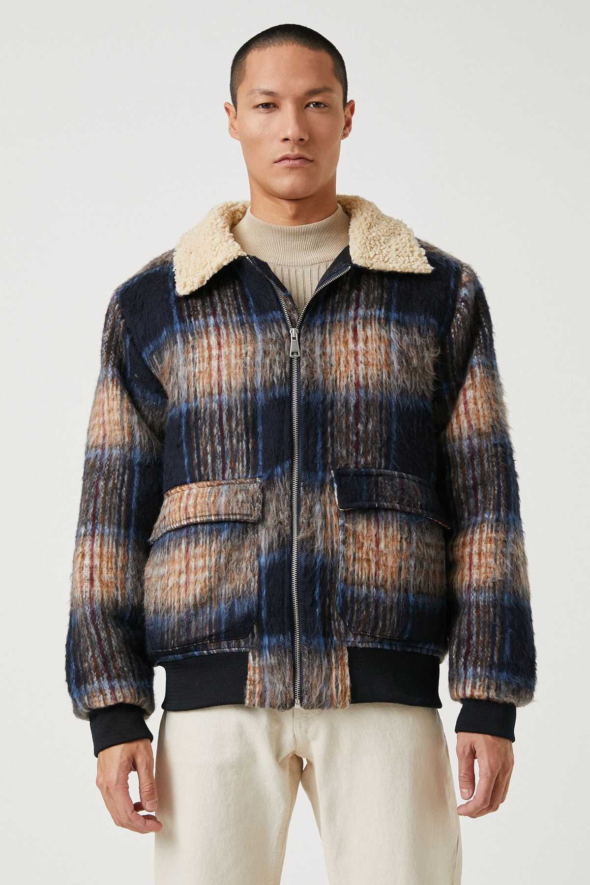 کاپشن چهارخانه آبی سرمه ای مردانه