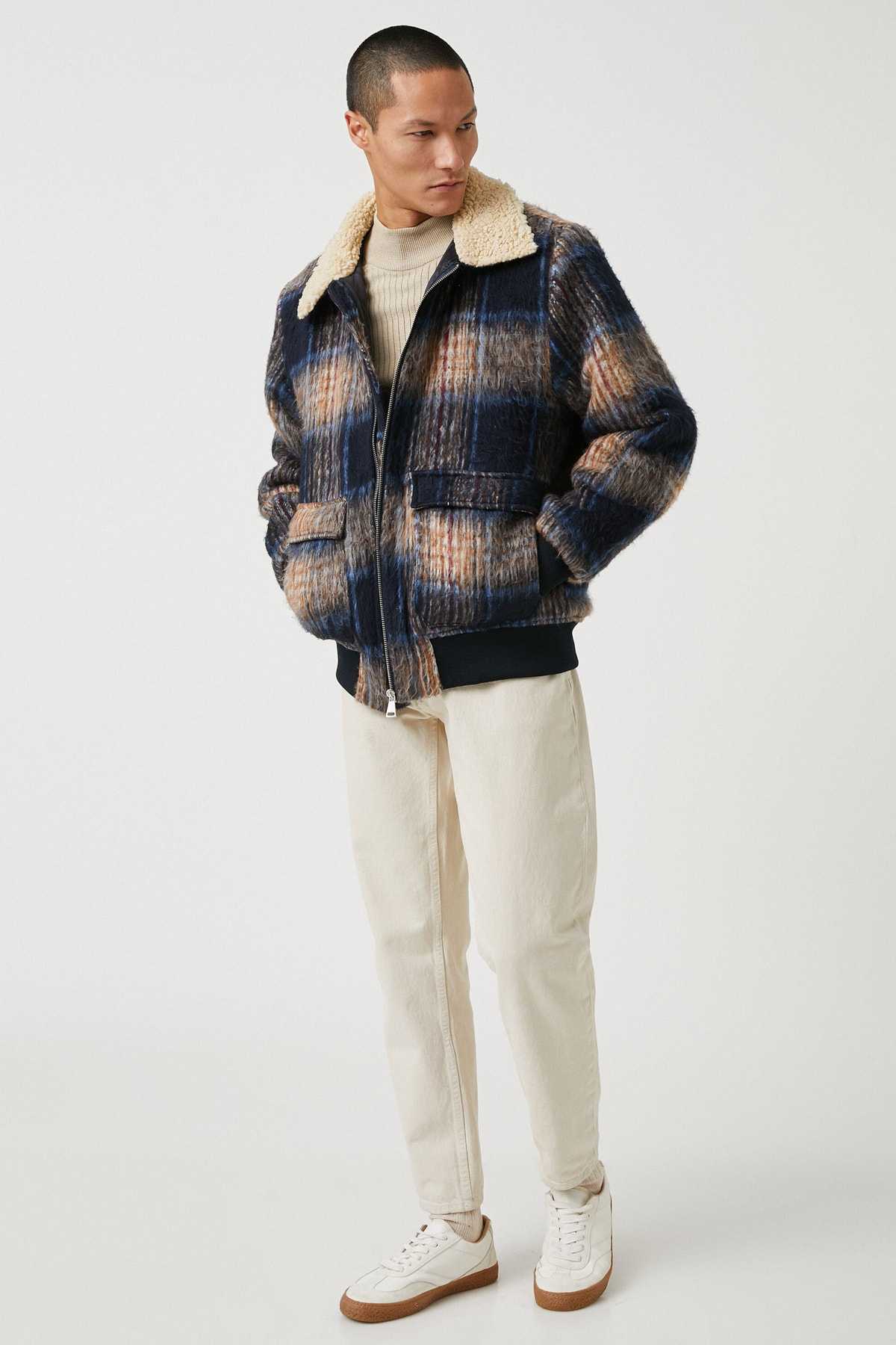 کاپشن چهارخانه آبی سرمه ای مردانه