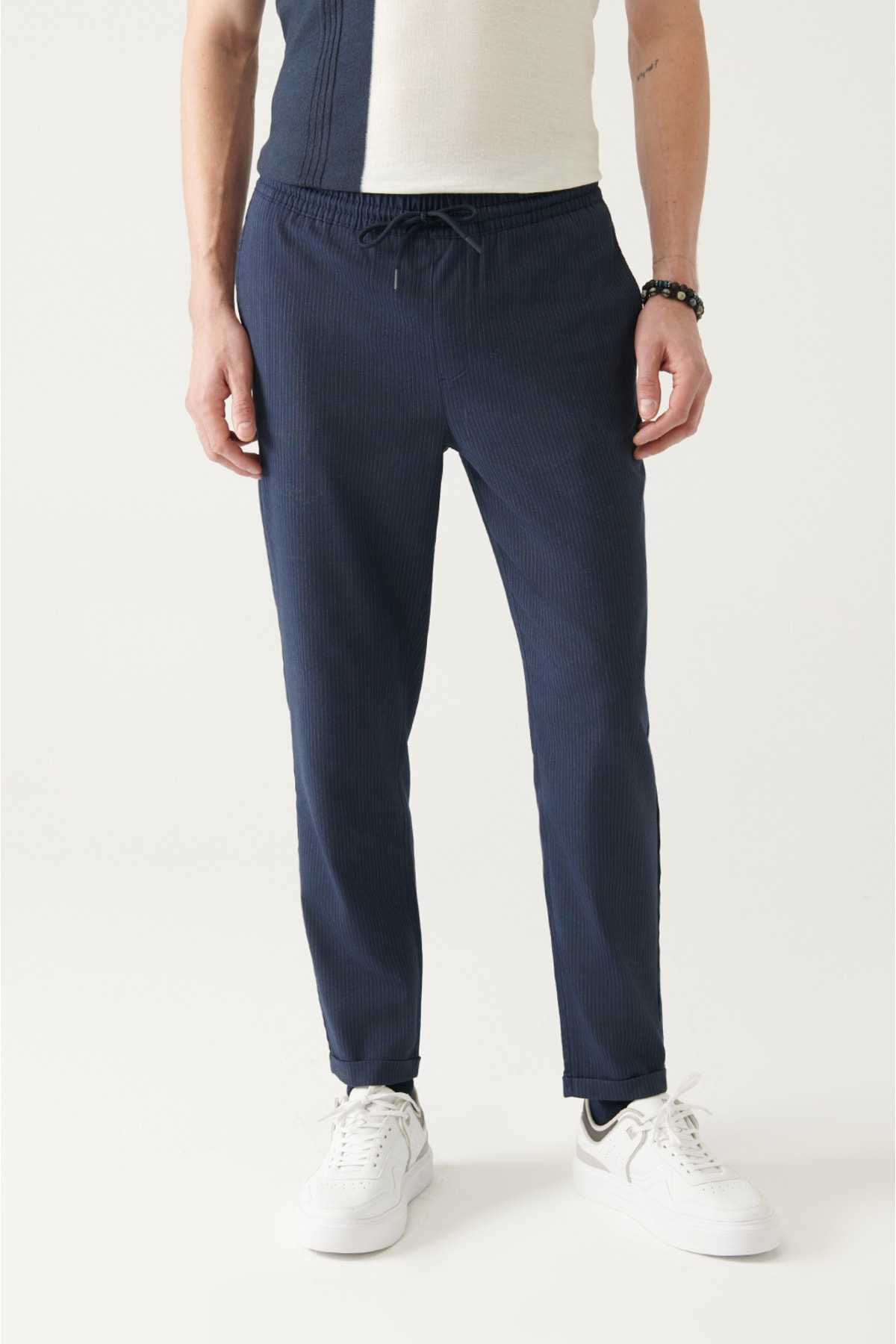 شلوار لایکرای راه راه بنددار مردانه آنتراسیت الاستیک با برش راحت و راحت A31y30