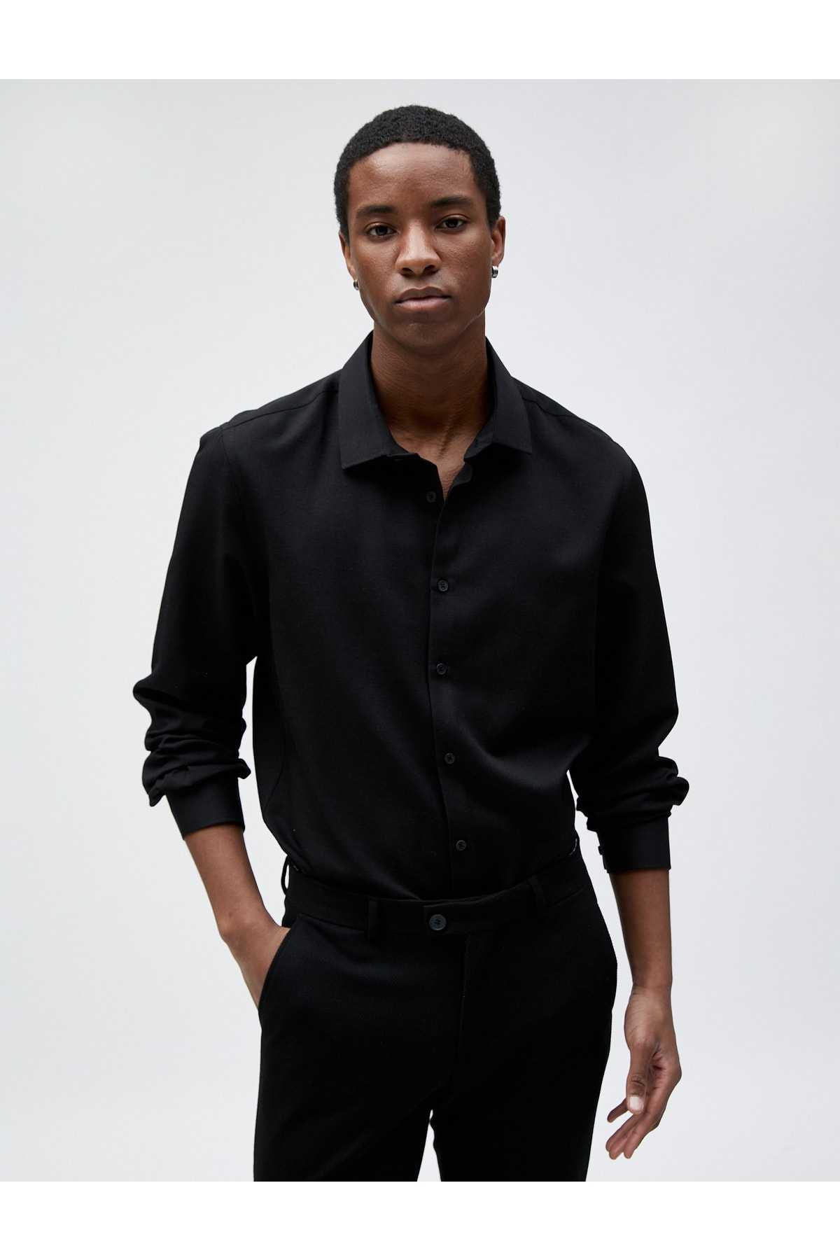 پیراهن اسپرت باریک با یقه کلاسیک آستین بلند غیر آهنی