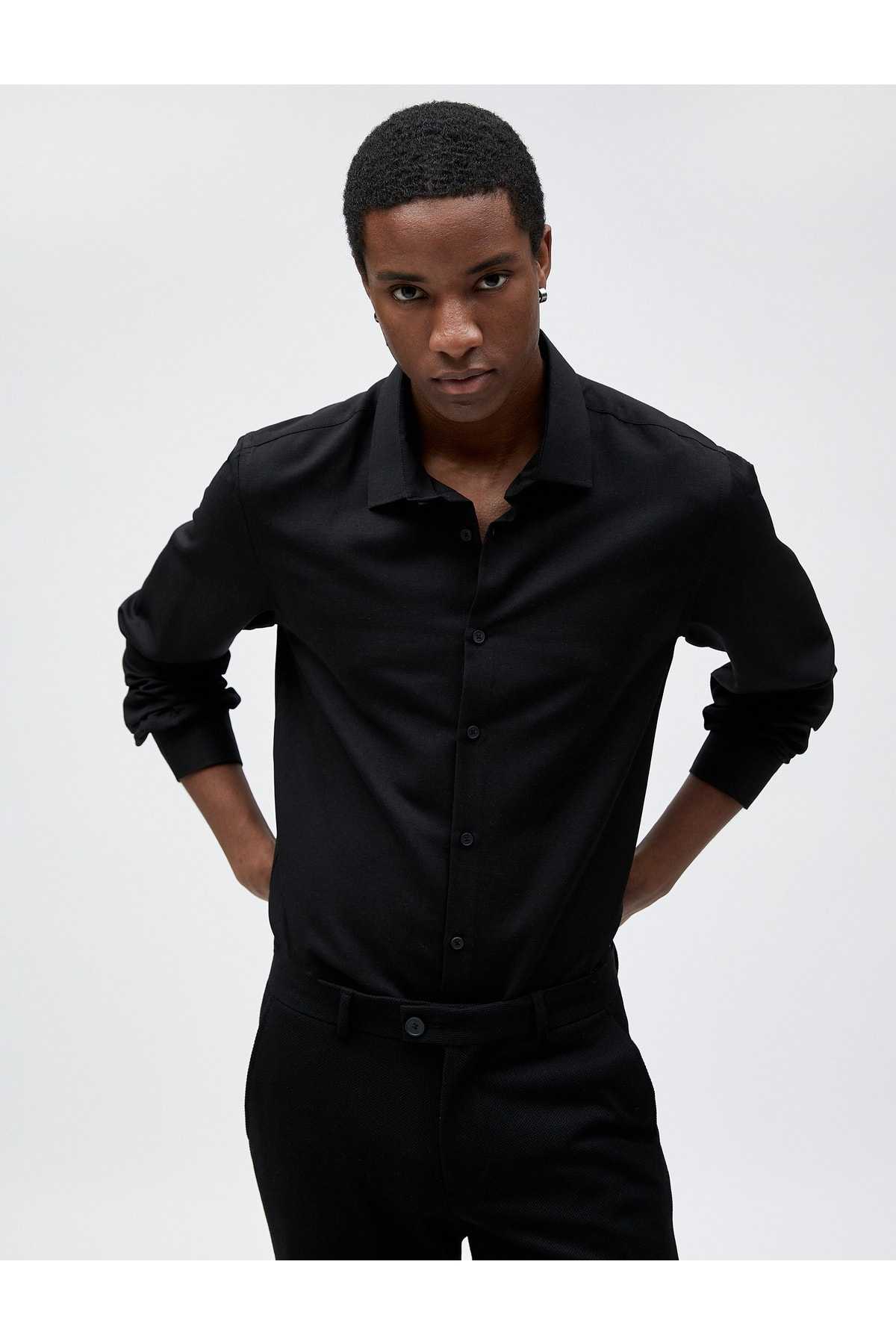 پیراهن اسپرت باریک با یقه کلاسیک آستین بلند غیر آهنی