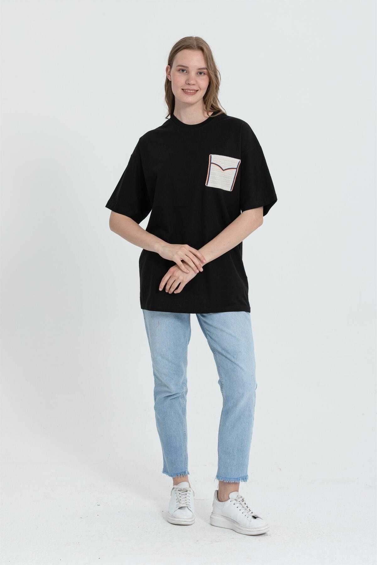 R-5729 تیشرت توری یقه خدمه با جزئیات بزرگ