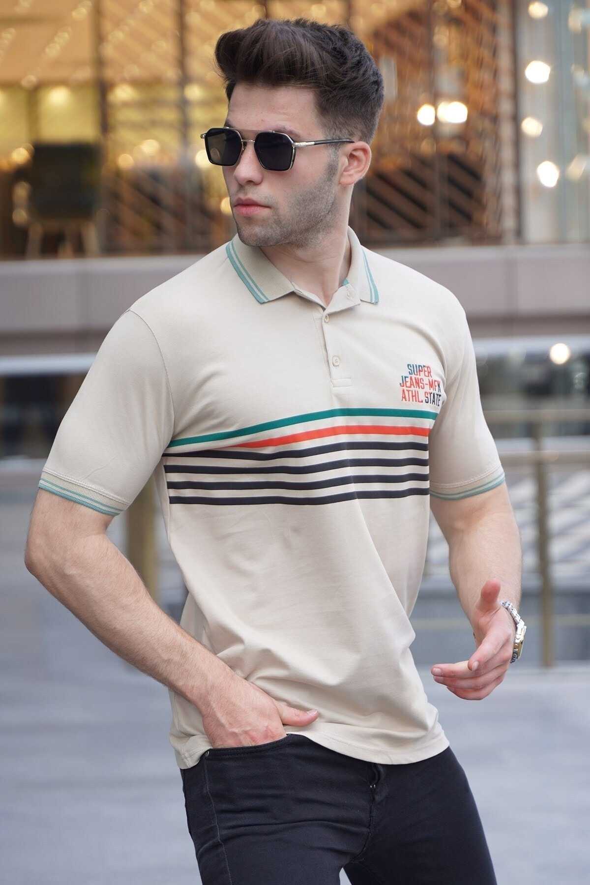 تیشرت یقه پولو راه راه خاکستری