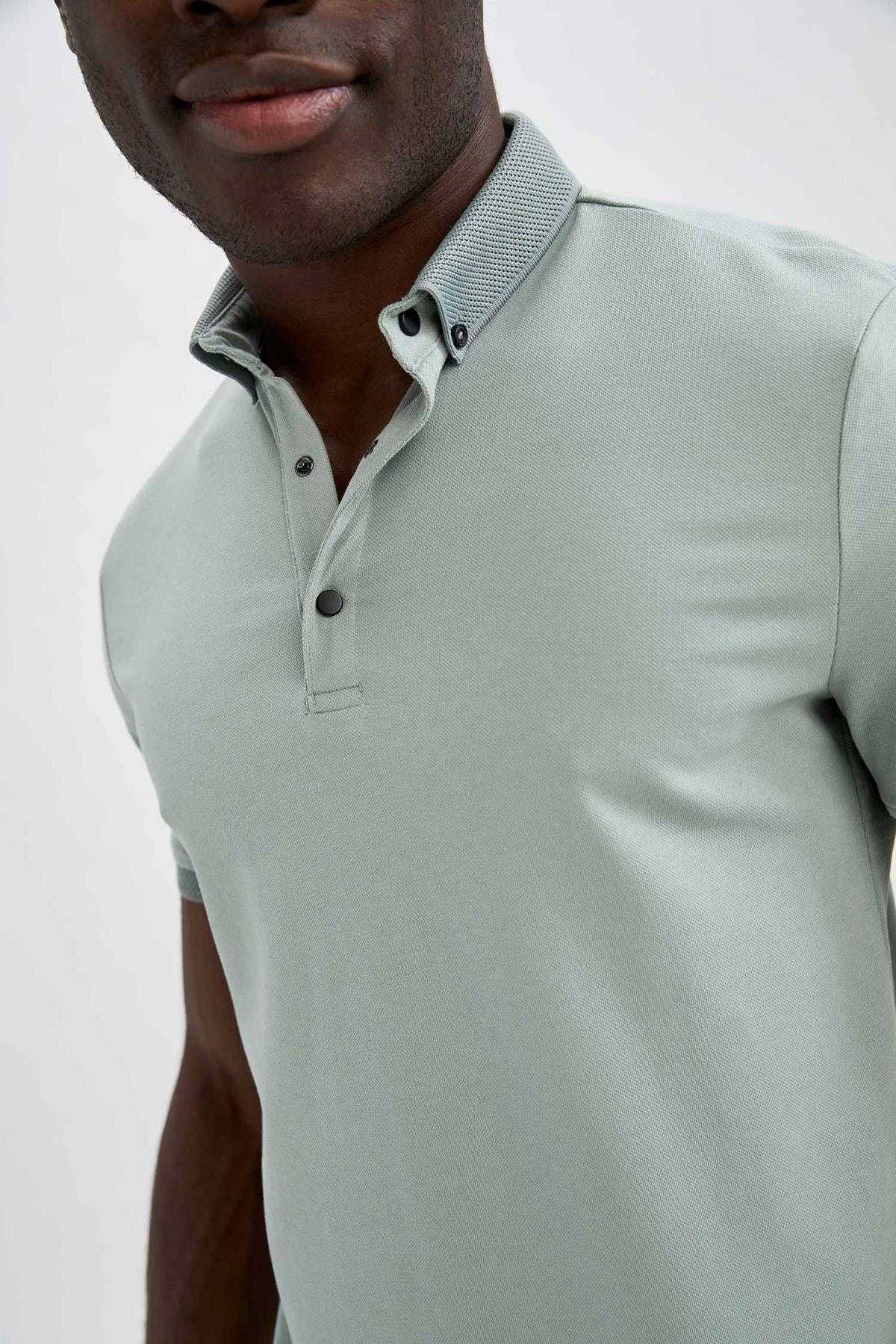 تیشرت نخی آستین کوتاه با یقه پولو باریک