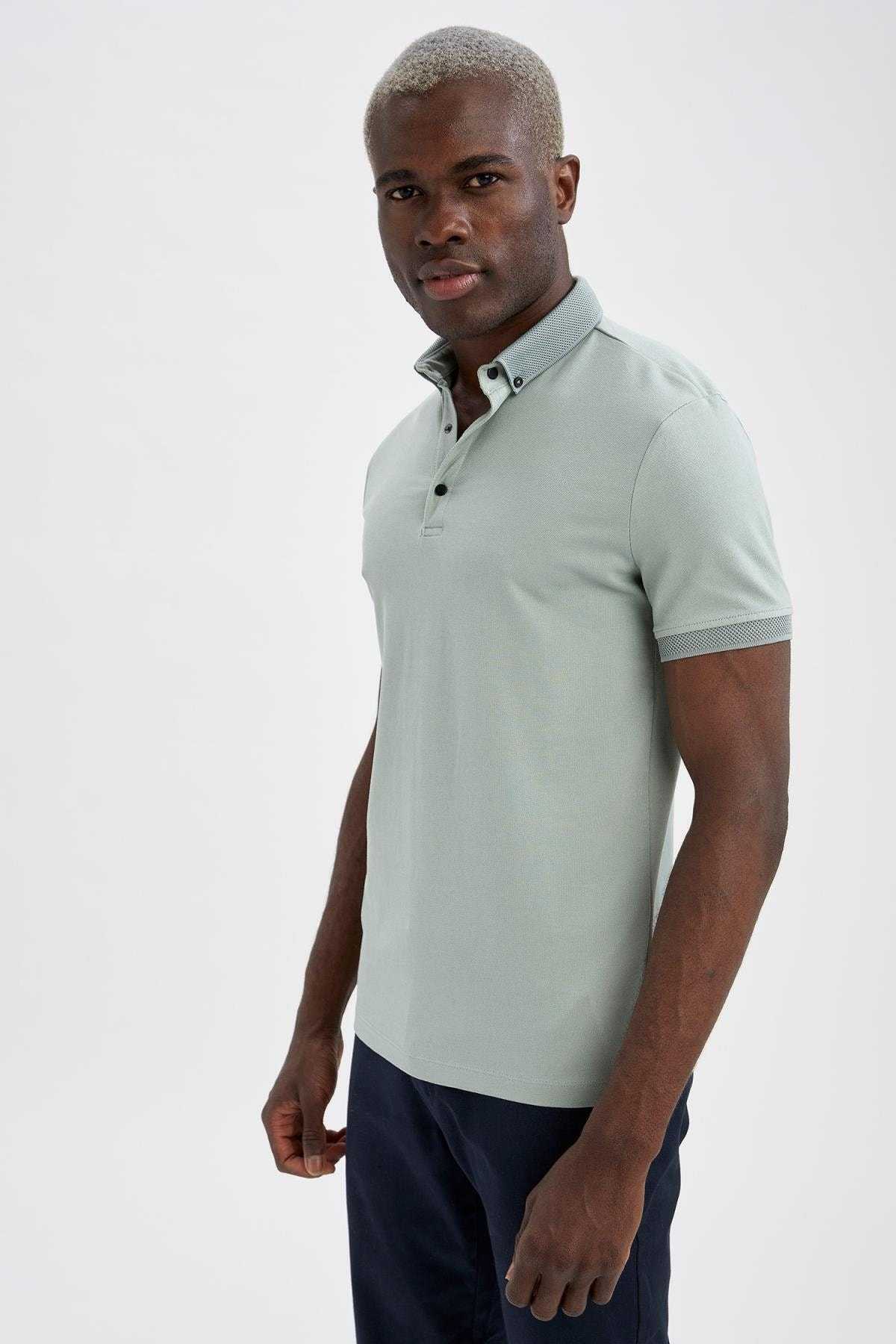 تیشرت نخی آستین کوتاه با یقه پولو باریک