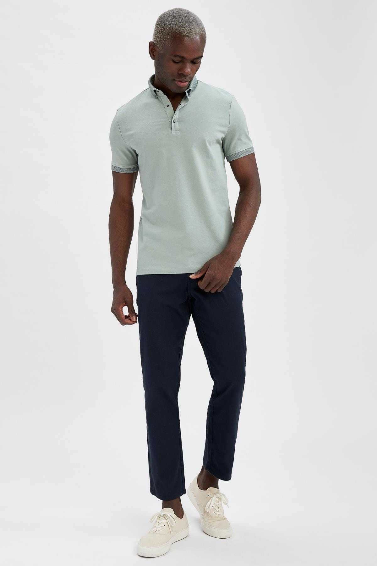 تیشرت نخی آستین کوتاه با یقه پولو باریک