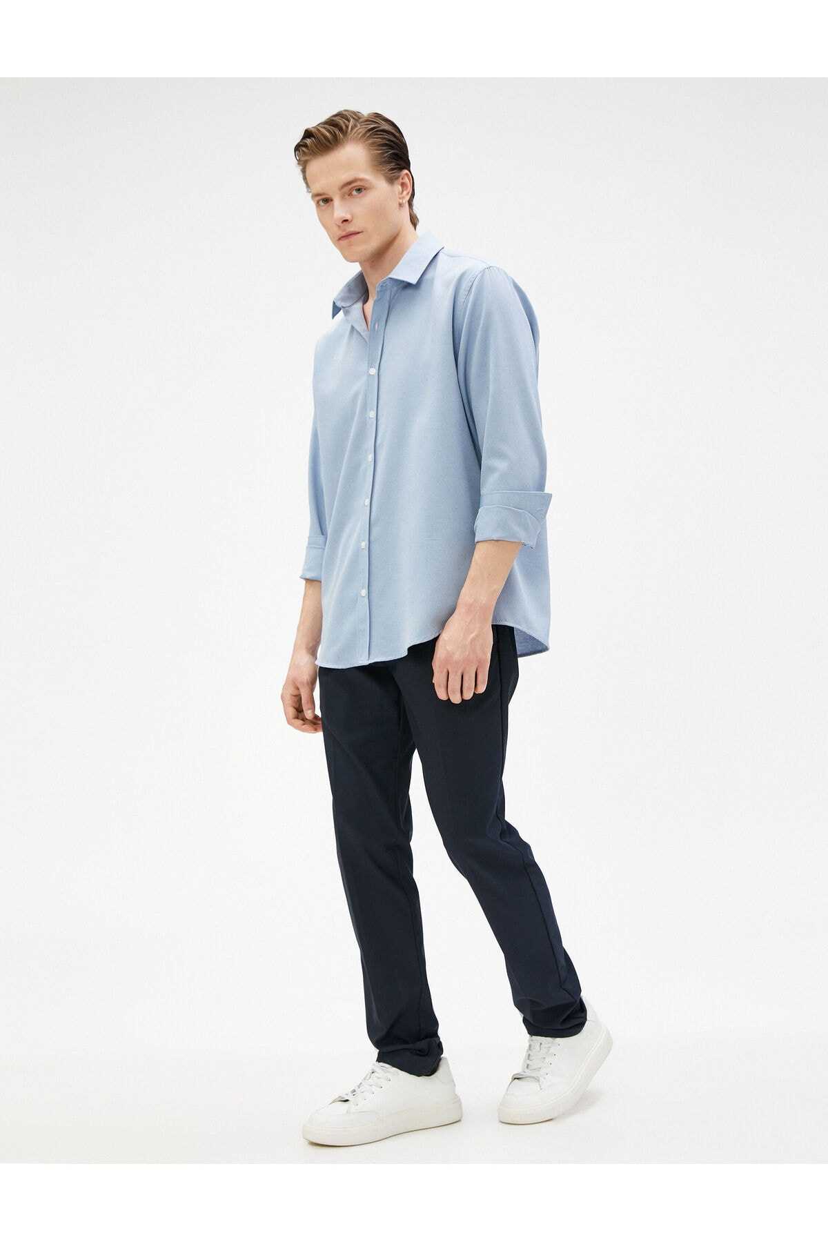 پیراهن پایه کلاسیک یقه آستین بلند دکمه دار غیر آهنی