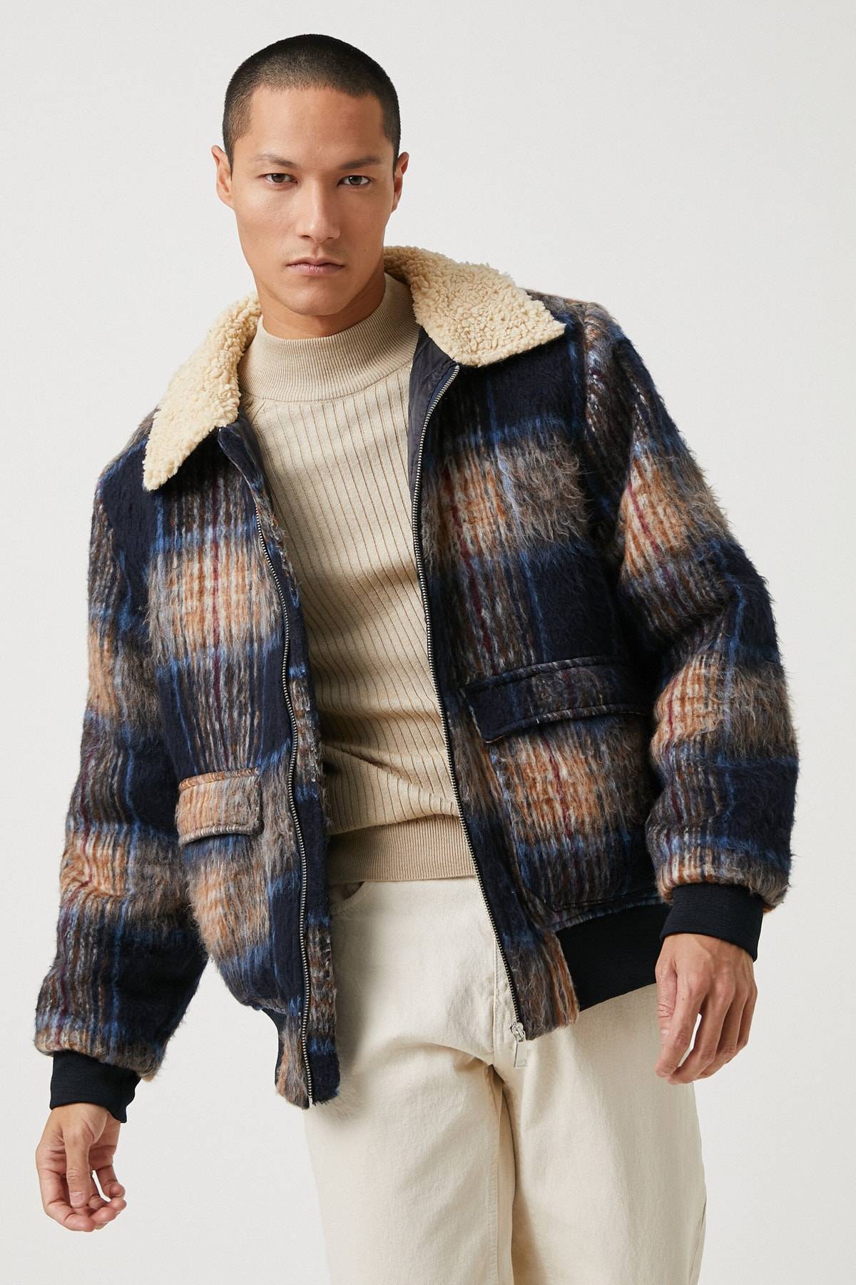 کاپشن چهارخانه آبی سرمه ای مردانه