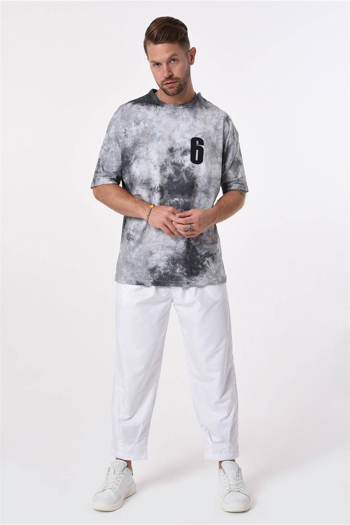 R-5653 Crew Neck Osaka Print Detailed Tie Dye تیشرت