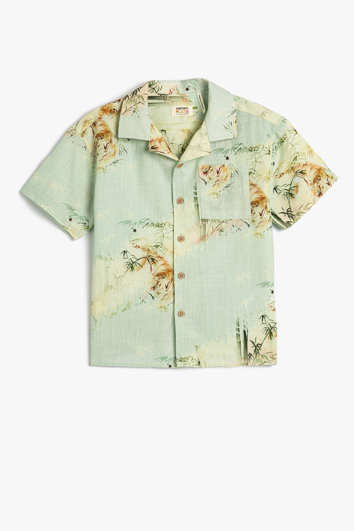 پیراهن آستین کوتاه پسرانه چاپ ببری با جزئیات جیبی 3skb60164tw