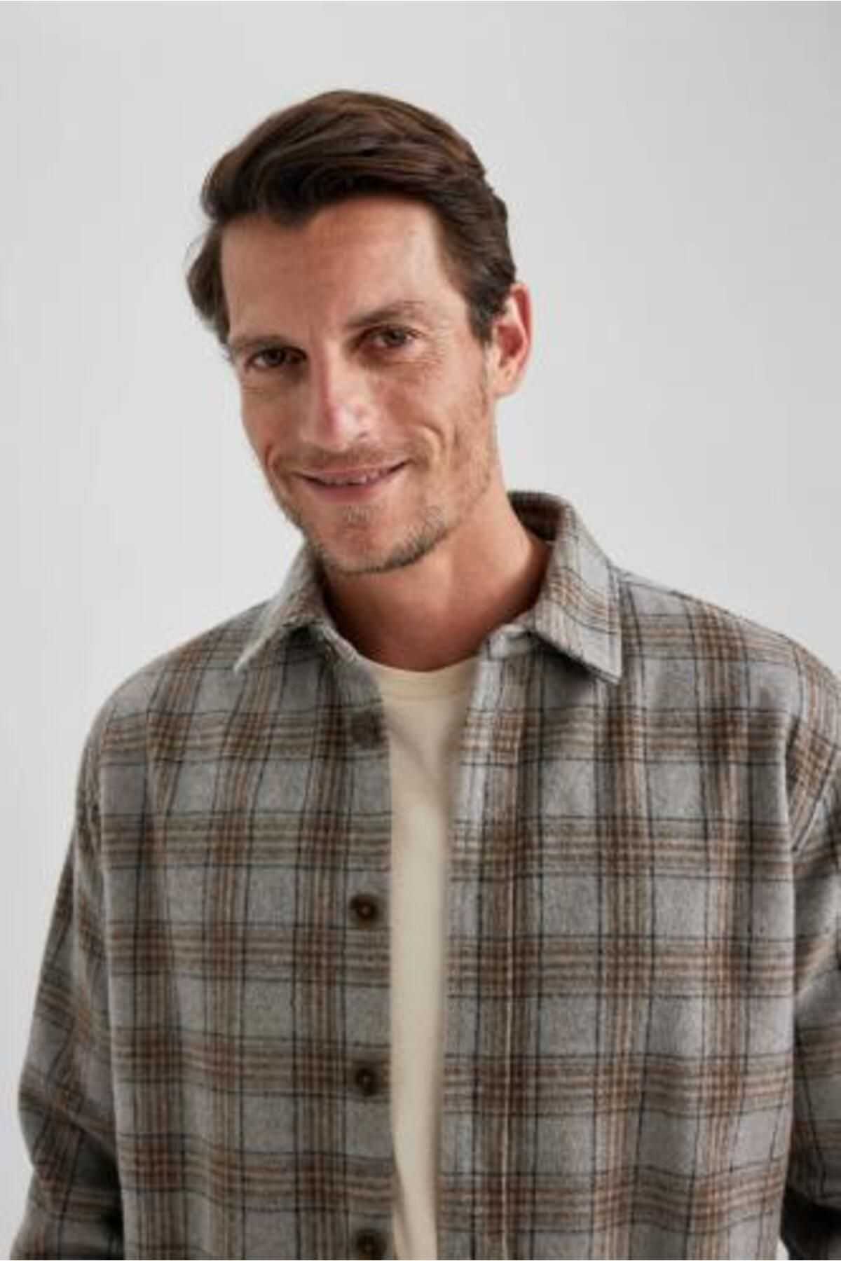 کت پیراهن طرح دار پارچه ای ضخیم با یقه پولو مناسب Relax Fit