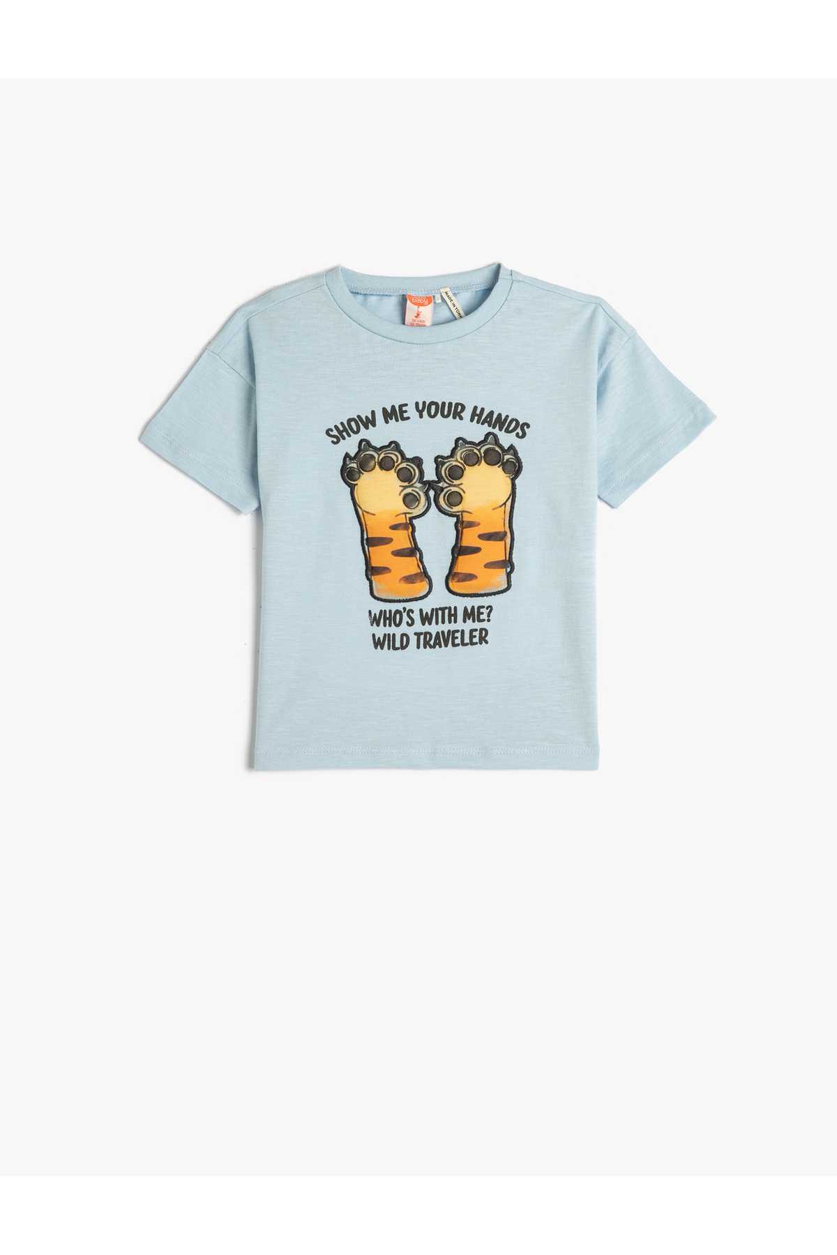 تیشرت آستین کوتاه یقه خدمه چاپ شده نخی