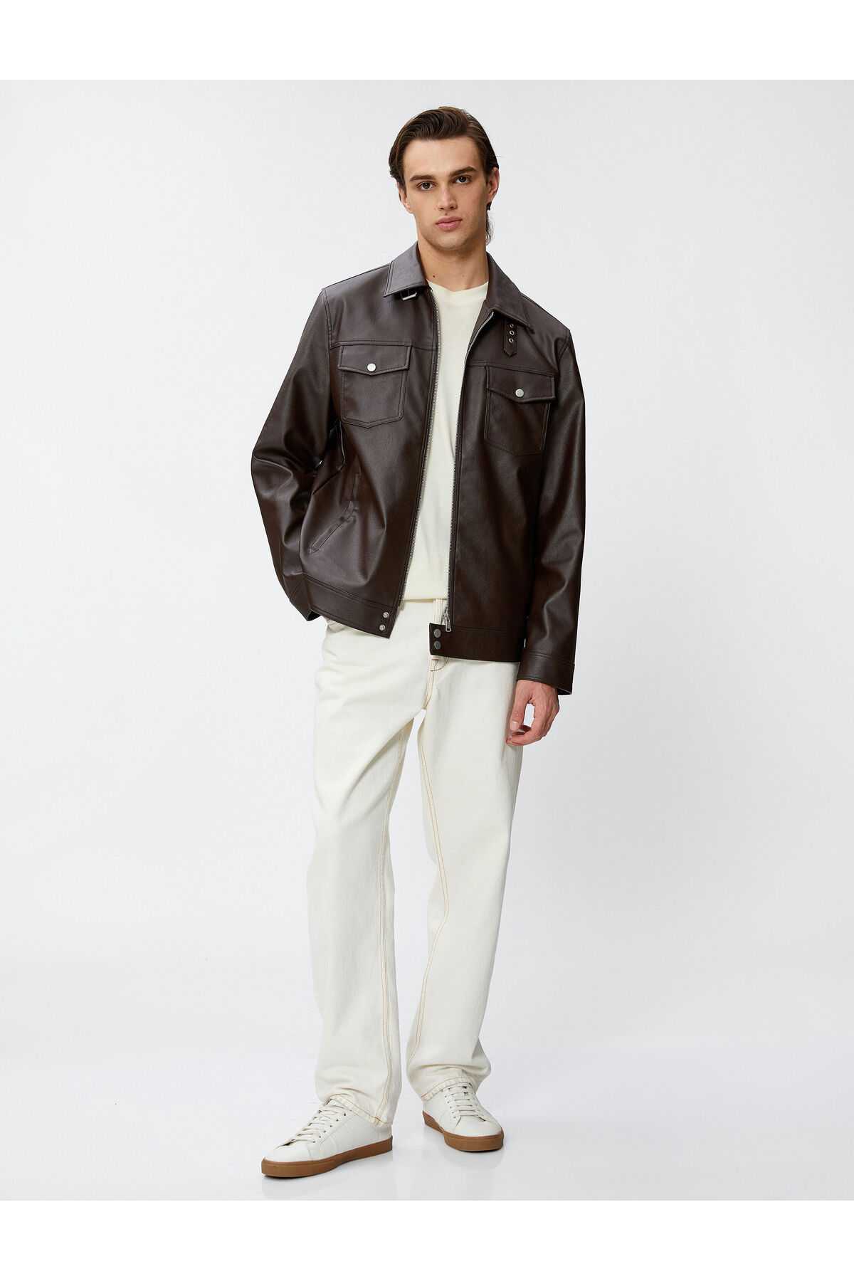 زیپ جیبی یقه کلاسیک ژاکت چرمی