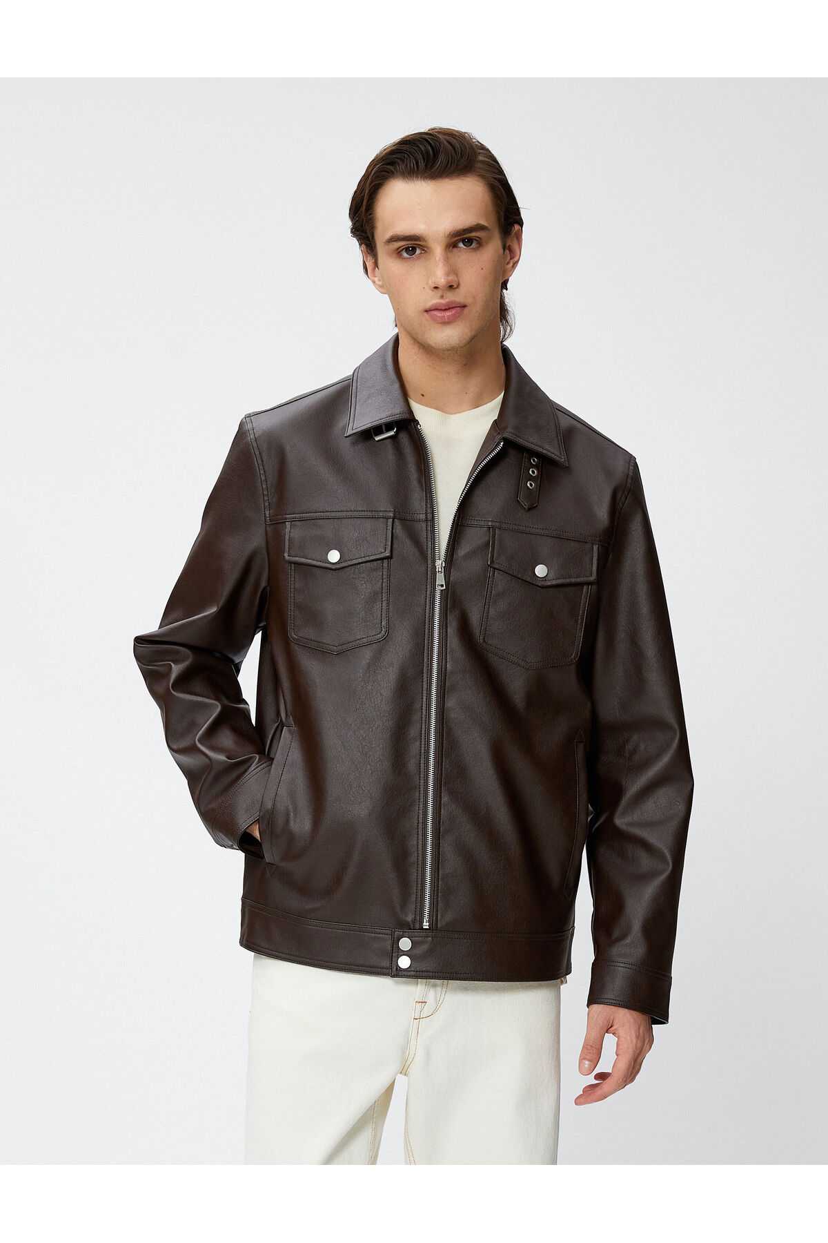 زیپ جیبی یقه کلاسیک ژاکت چرمی