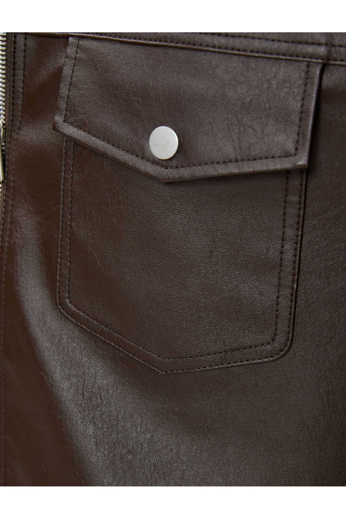 زیپ جیبی یقه کلاسیک ژاکت چرمی