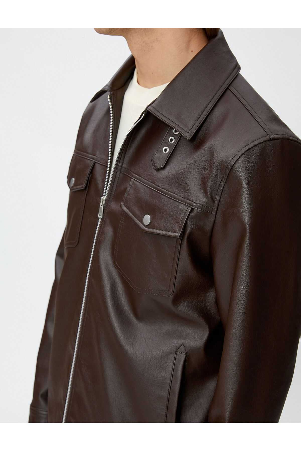 زیپ جیبی یقه کلاسیک ژاکت چرمی