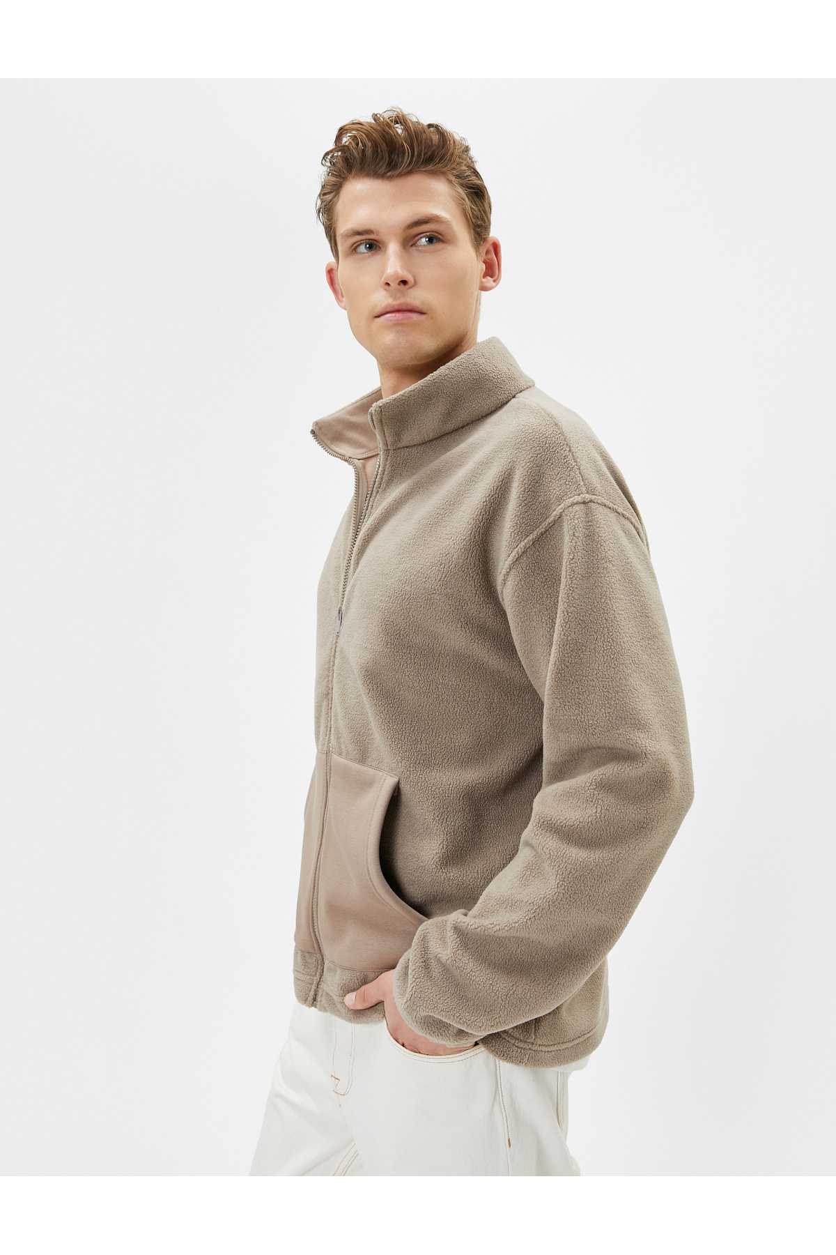 ژاکت مخمل دار یقه زیپ دار جیبی کانگورو