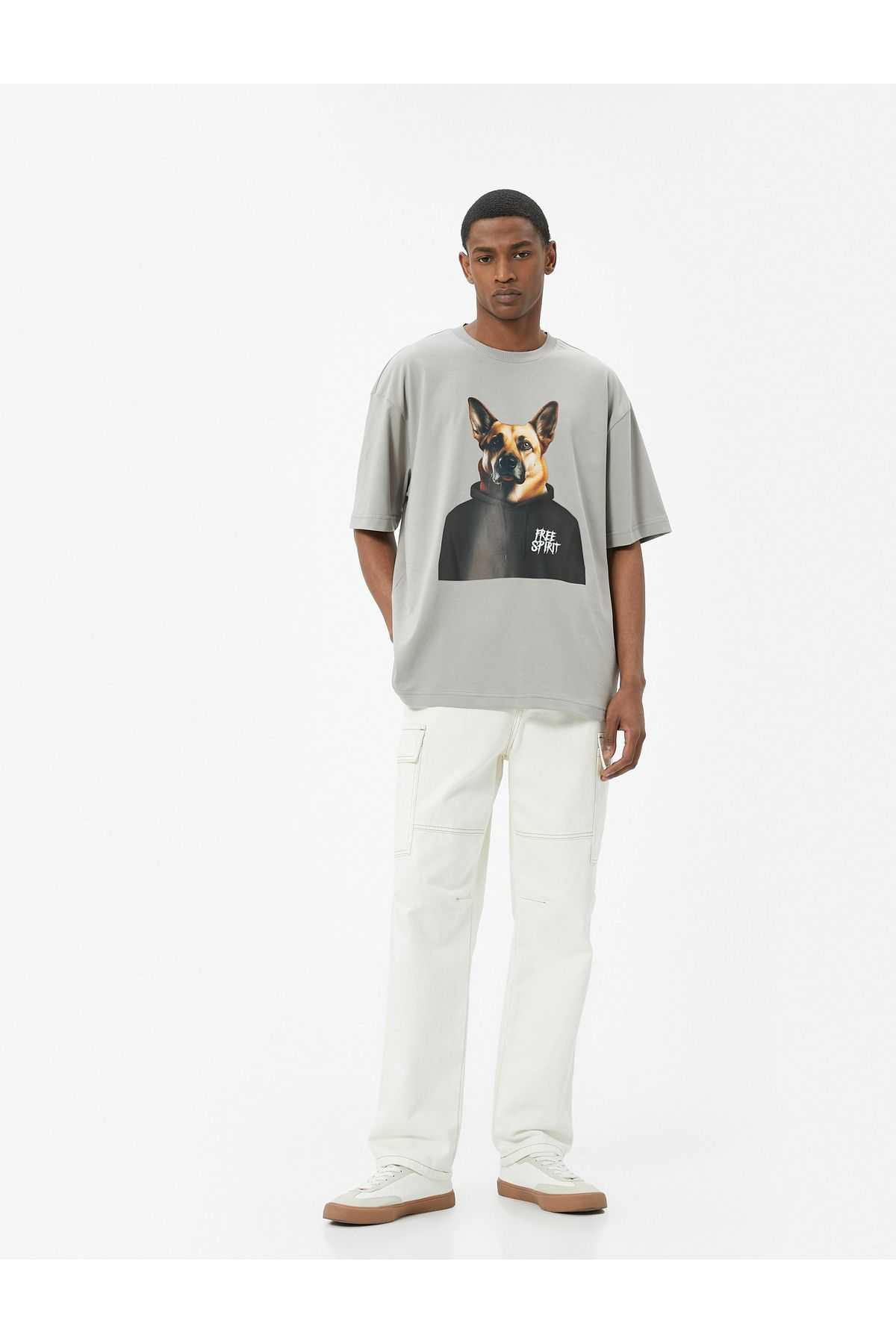 تیشرت سایز بزرگ با یقه خدمه آستین کوتاه با چاپ سگی