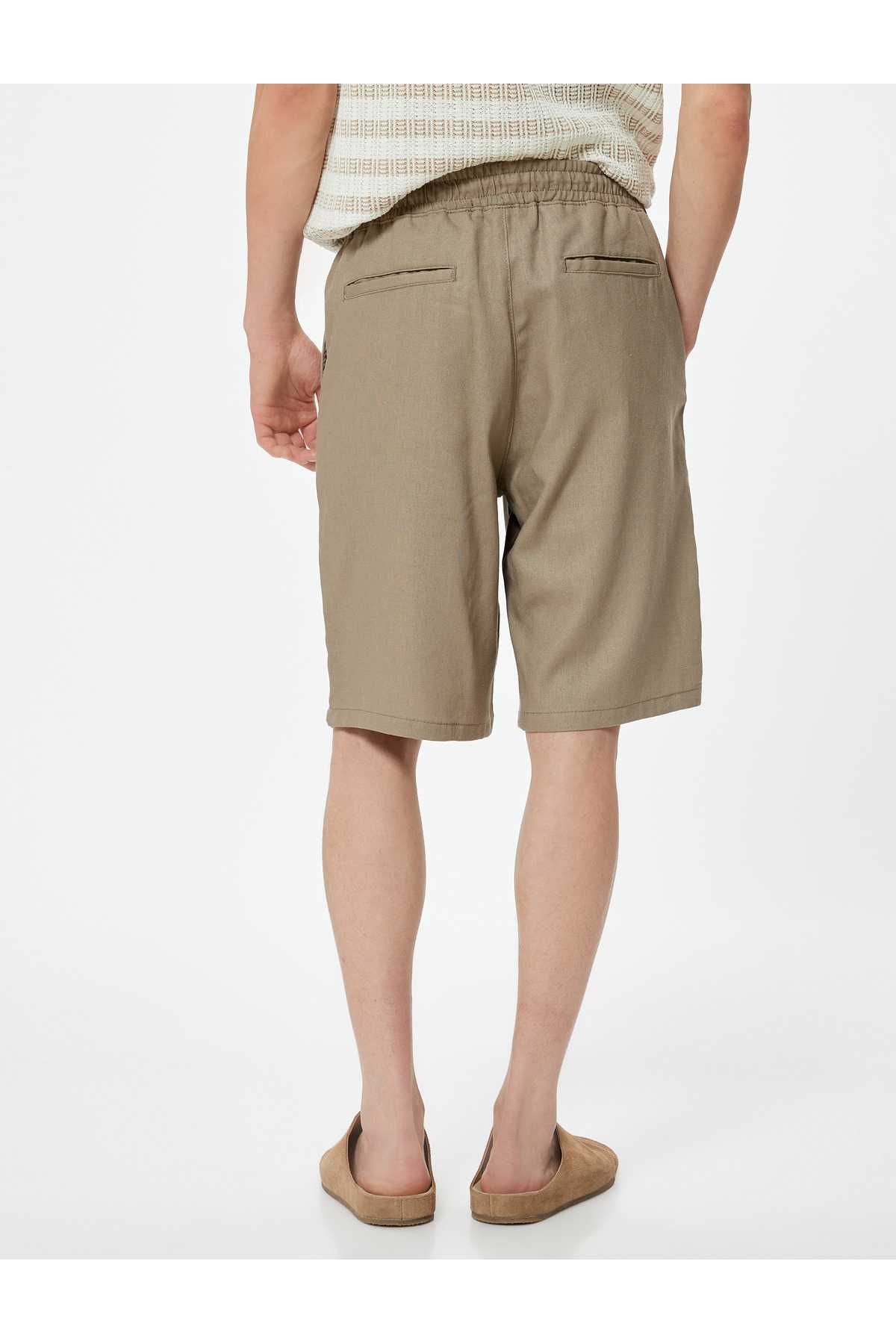 شلوارک سایز بزرگ کتانی برمودا کمربند تا جیب با جزئیات