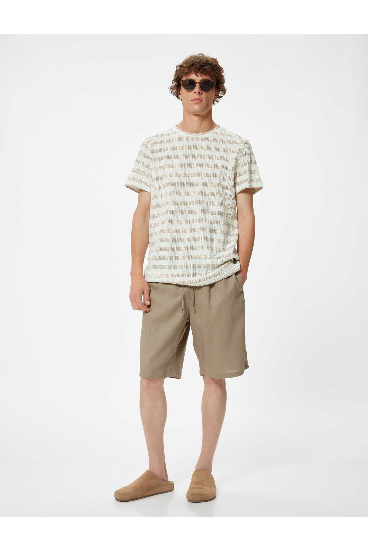 شلوارک سایز بزرگ کتانی برمودا کمربند تا جیب با جزئیات