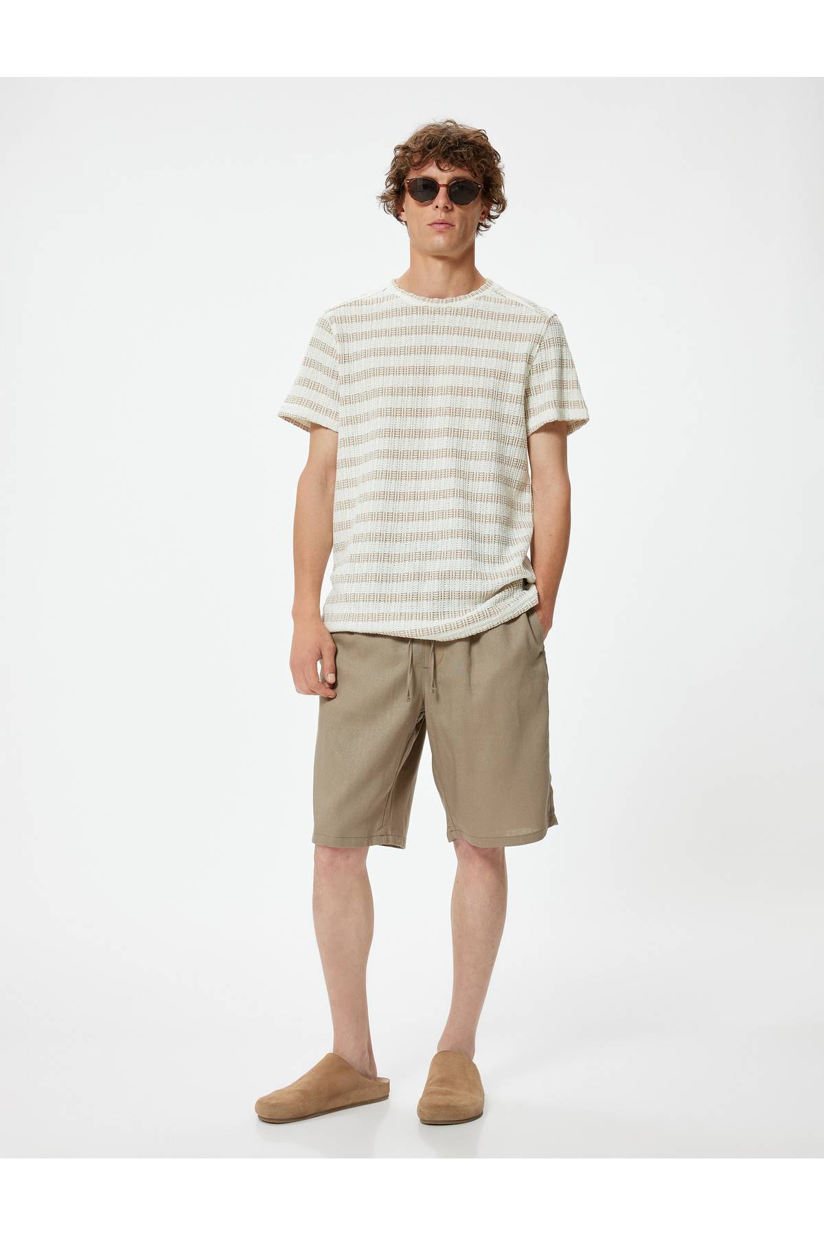 شلوارک سایز بزرگ کتانی برمودا کمربند تا جیب با جزئیات