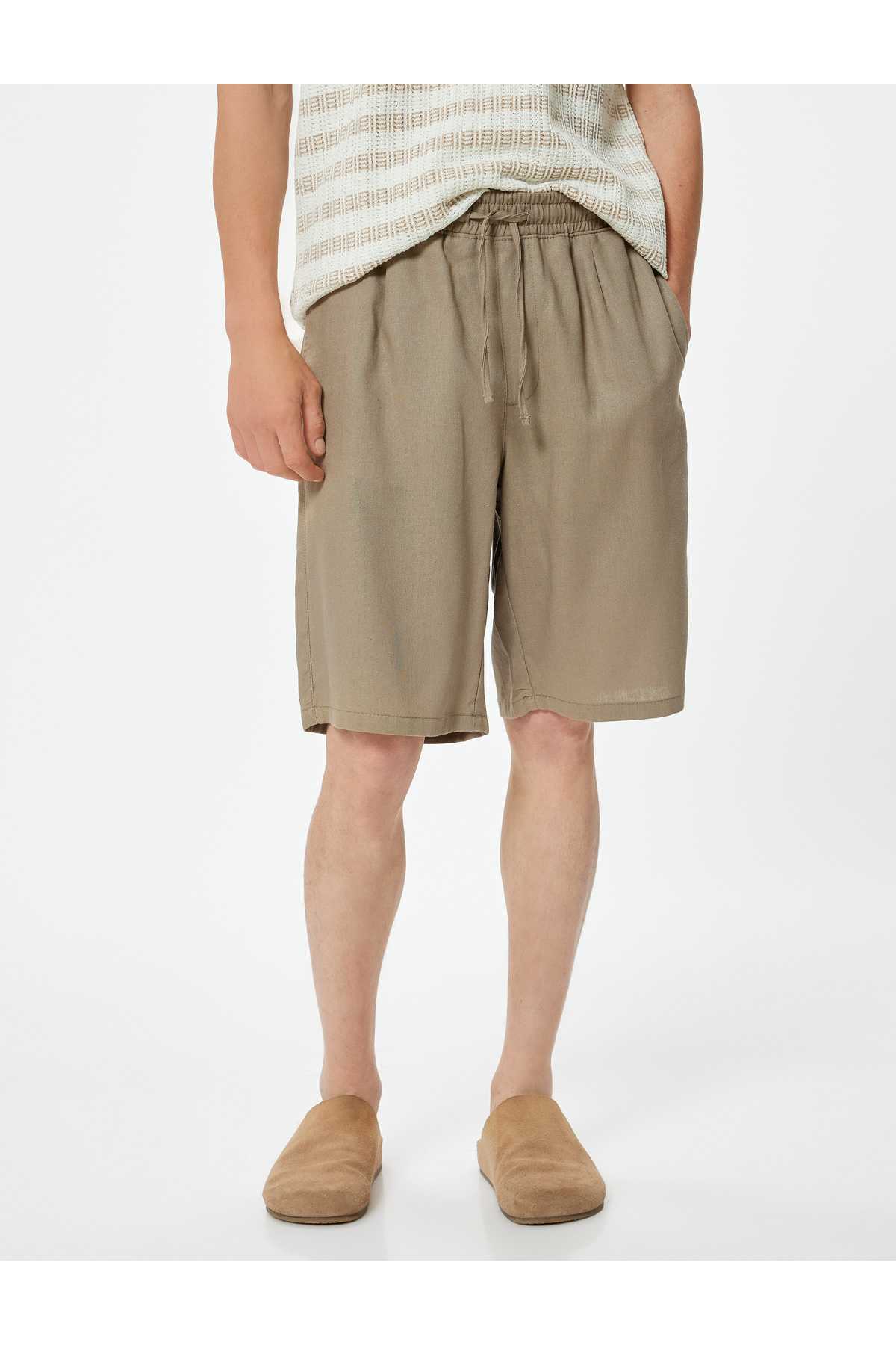 شلوارک سایز بزرگ کتانی برمودا کمربند تا جیب با جزئیات