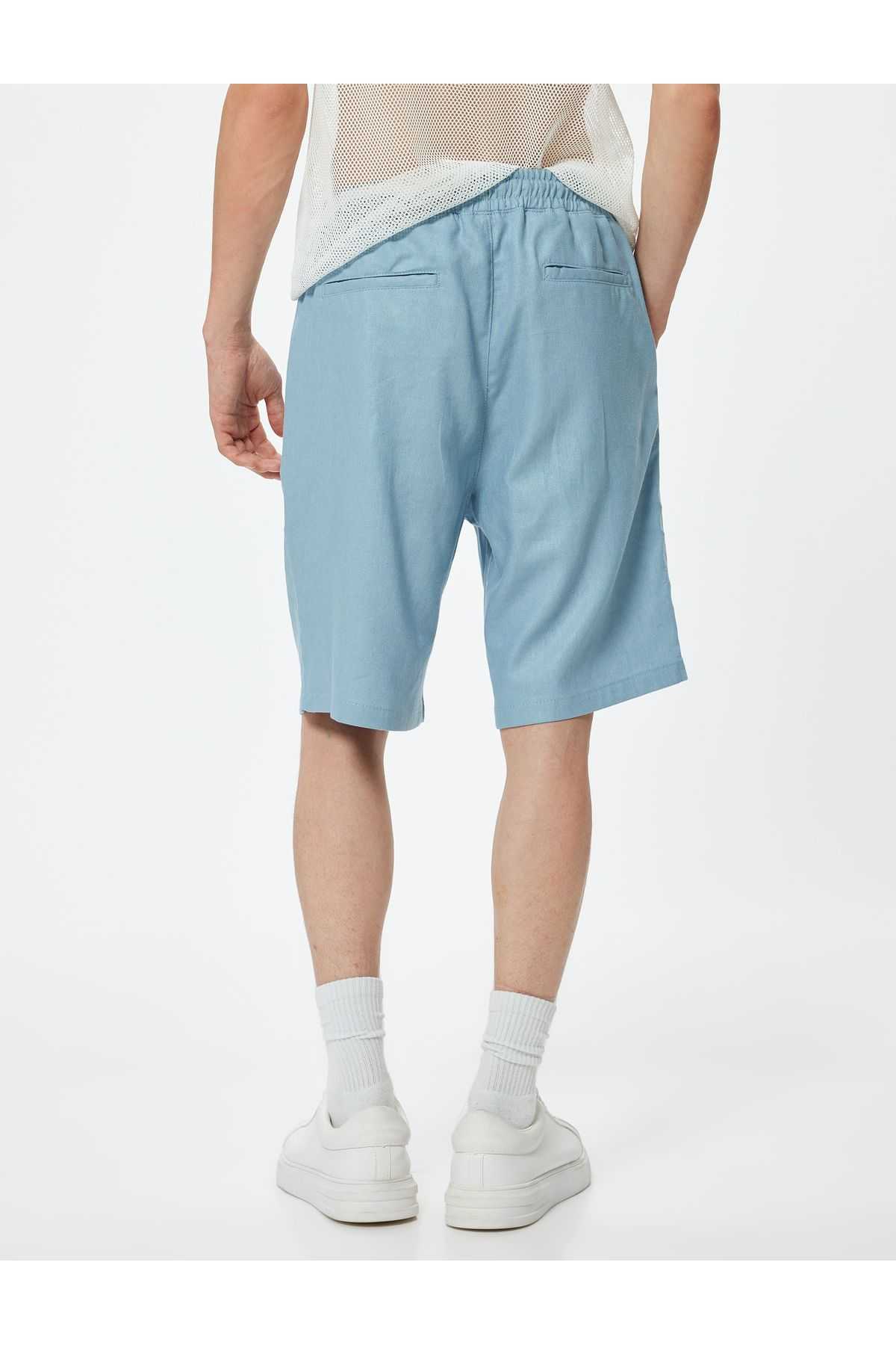 شلوارک سایز بزرگ کتانی برمودا کمربند تا جیب با جزئیات