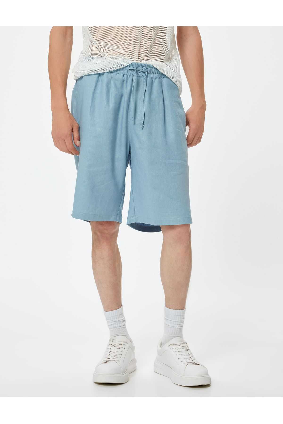 شلوارک سایز بزرگ کتانی برمودا کمربند تا جیب با جزئیات