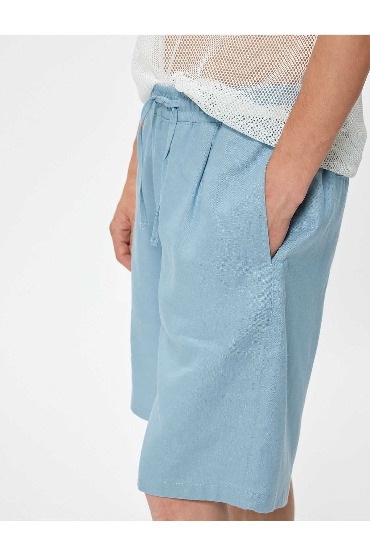 شلوارک سایز بزرگ کتانی برمودا کمربند تا جیب با جزئیات