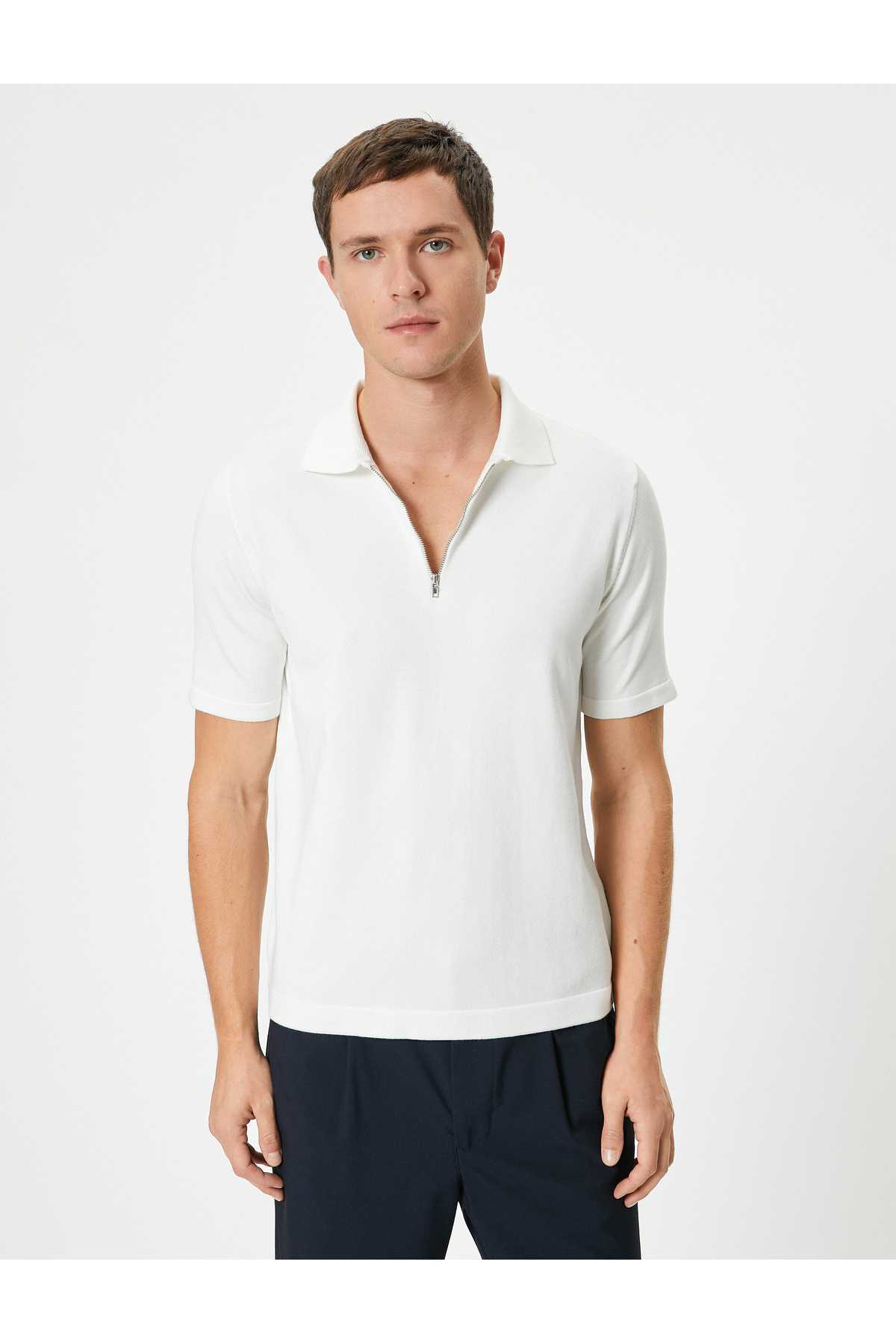 ژاکت بافتنی یقه پولو آستین کوتاه نیم زیپ