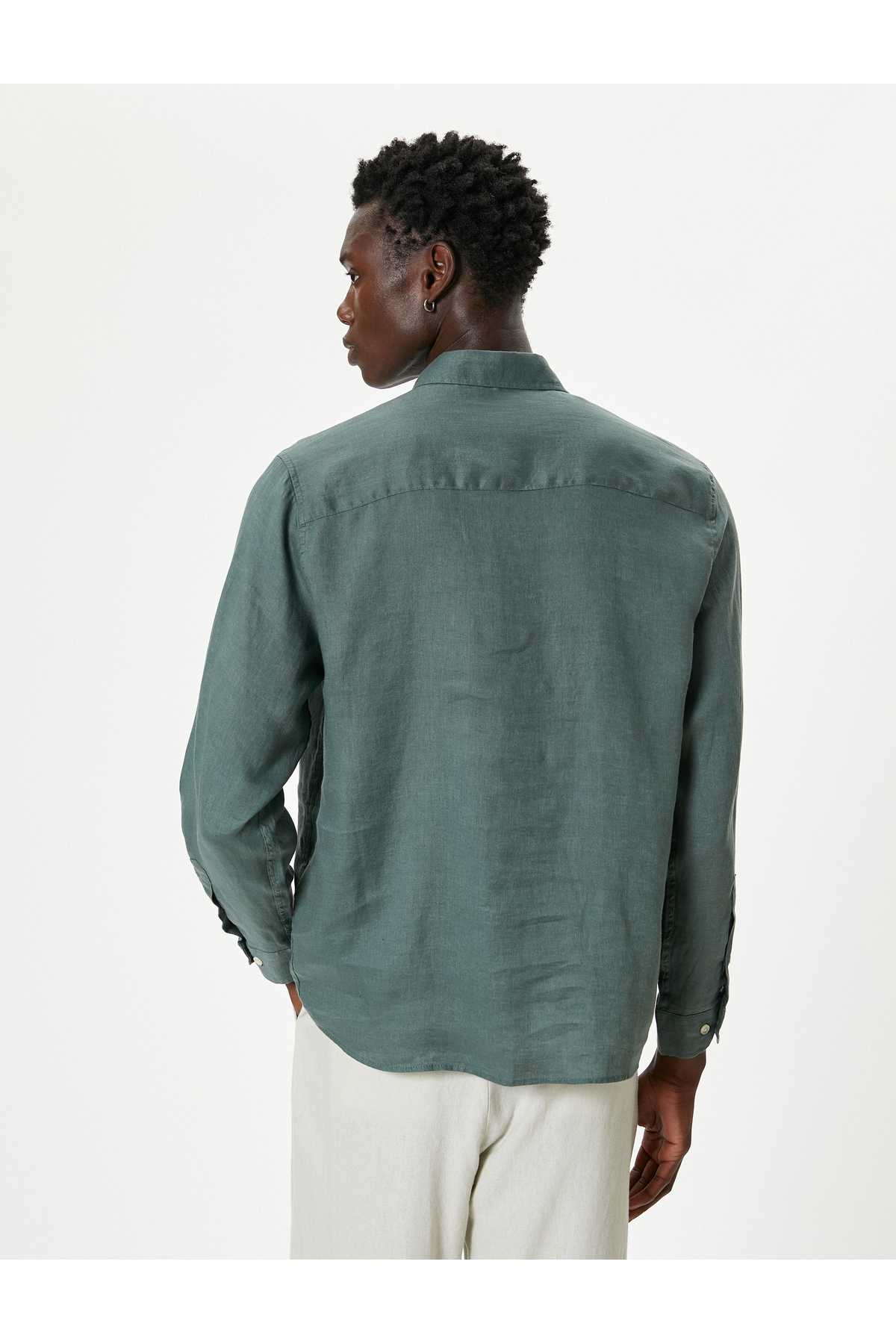 پیراهن کتانی یقه کلاسیک آستین بلند دکمه دار