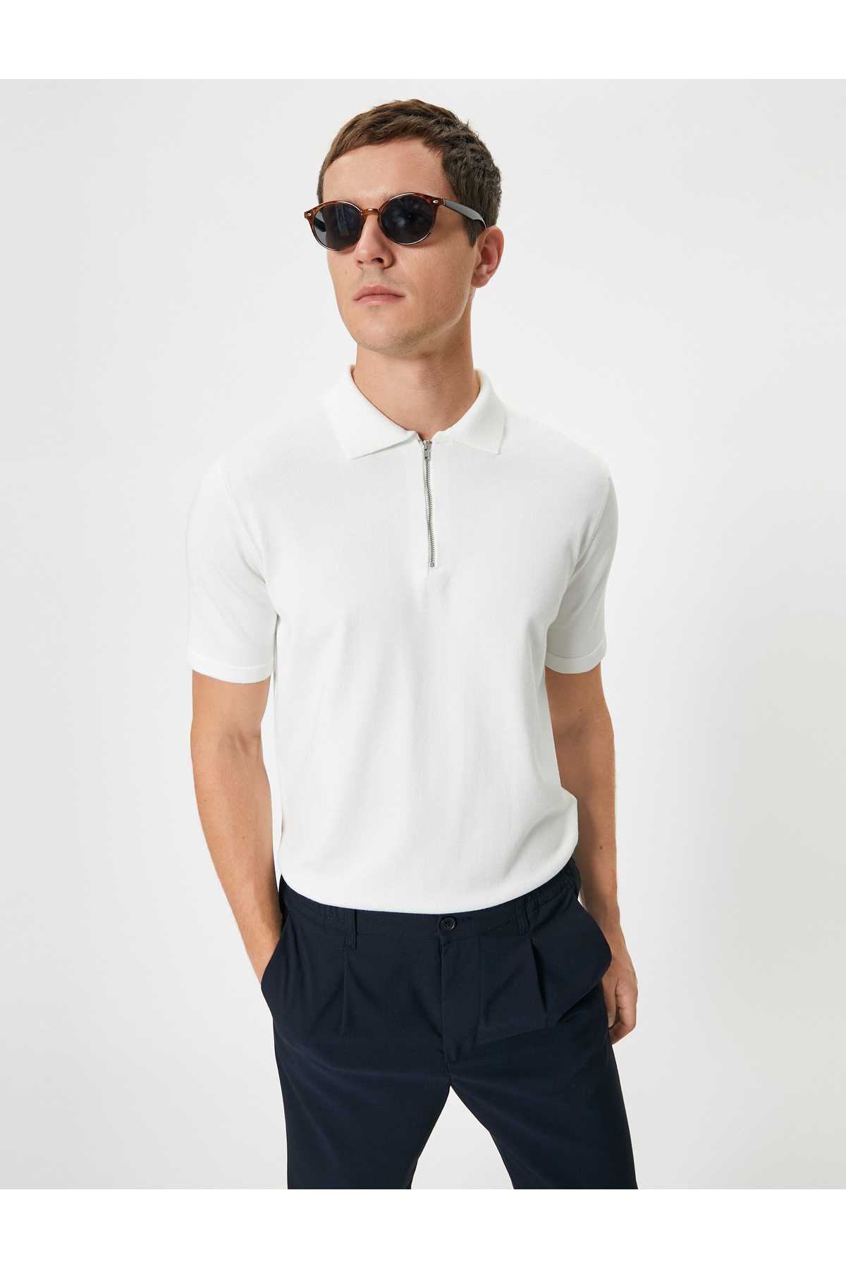 ژاکت بافتنی یقه پولو آستین کوتاه نیم زیپ