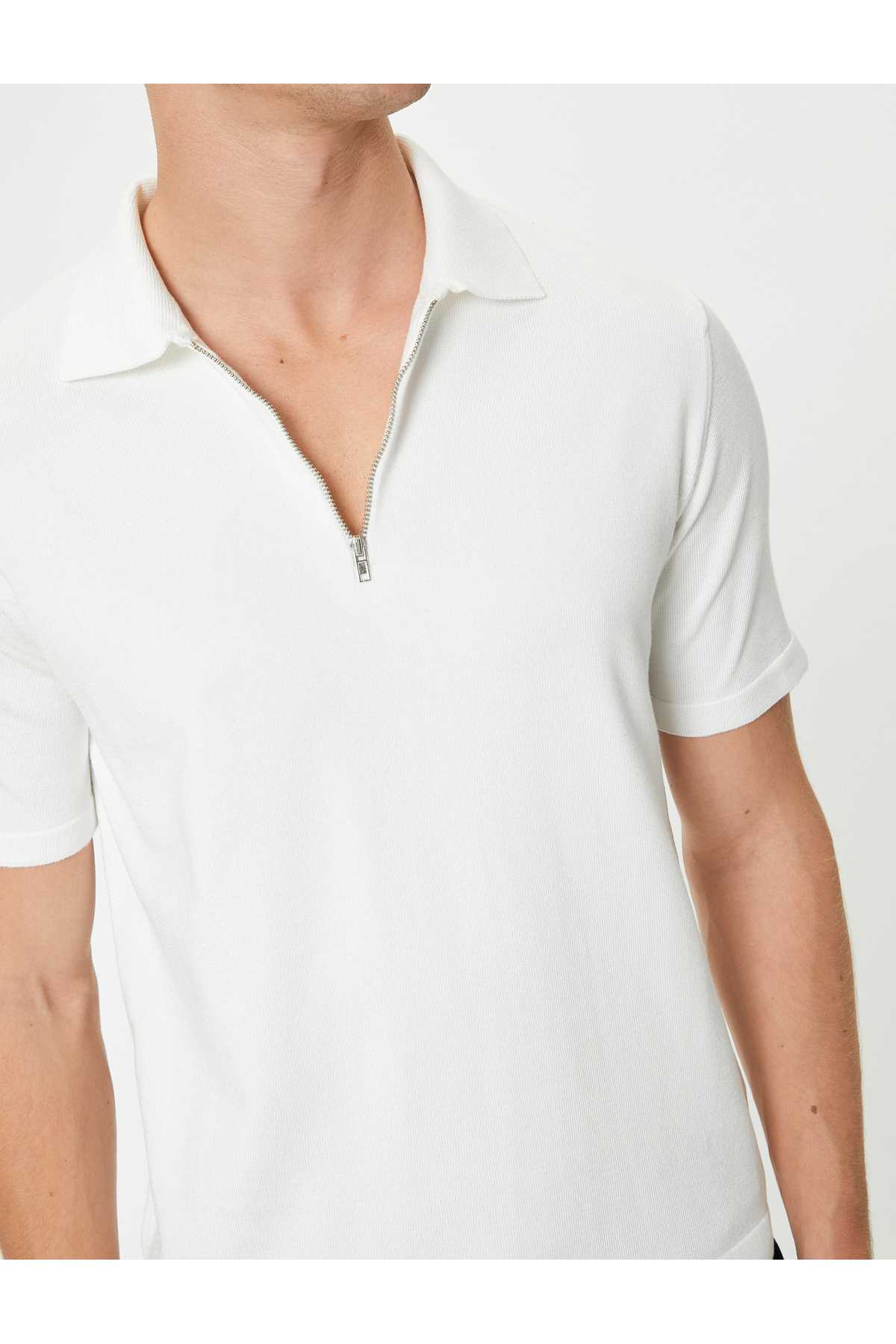 ژاکت بافتنی یقه پولو آستین کوتاه نیم زیپ