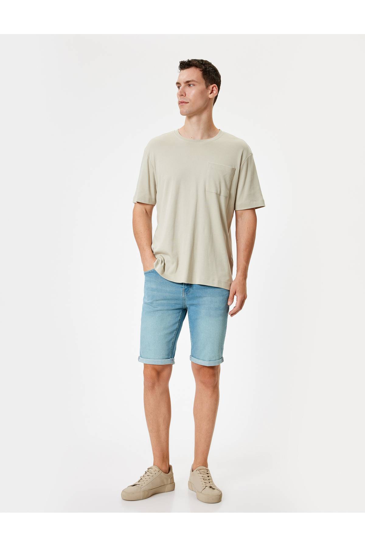 شلوارک جین باریک با جیب تاشو برمودا با جزئیات نخی