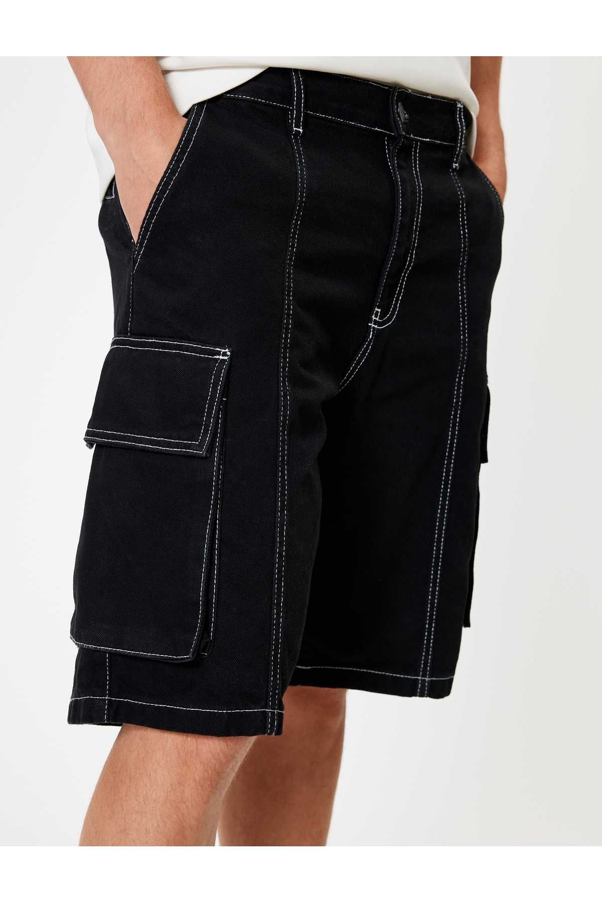 شلوار جین گشاد با جیب باری با جزئیات پنبه برمودا