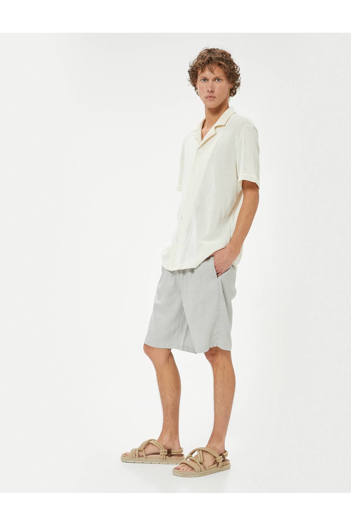 شلوارک سایز بزرگ کتانی برمودا کمربند تا جیب با جزئیات