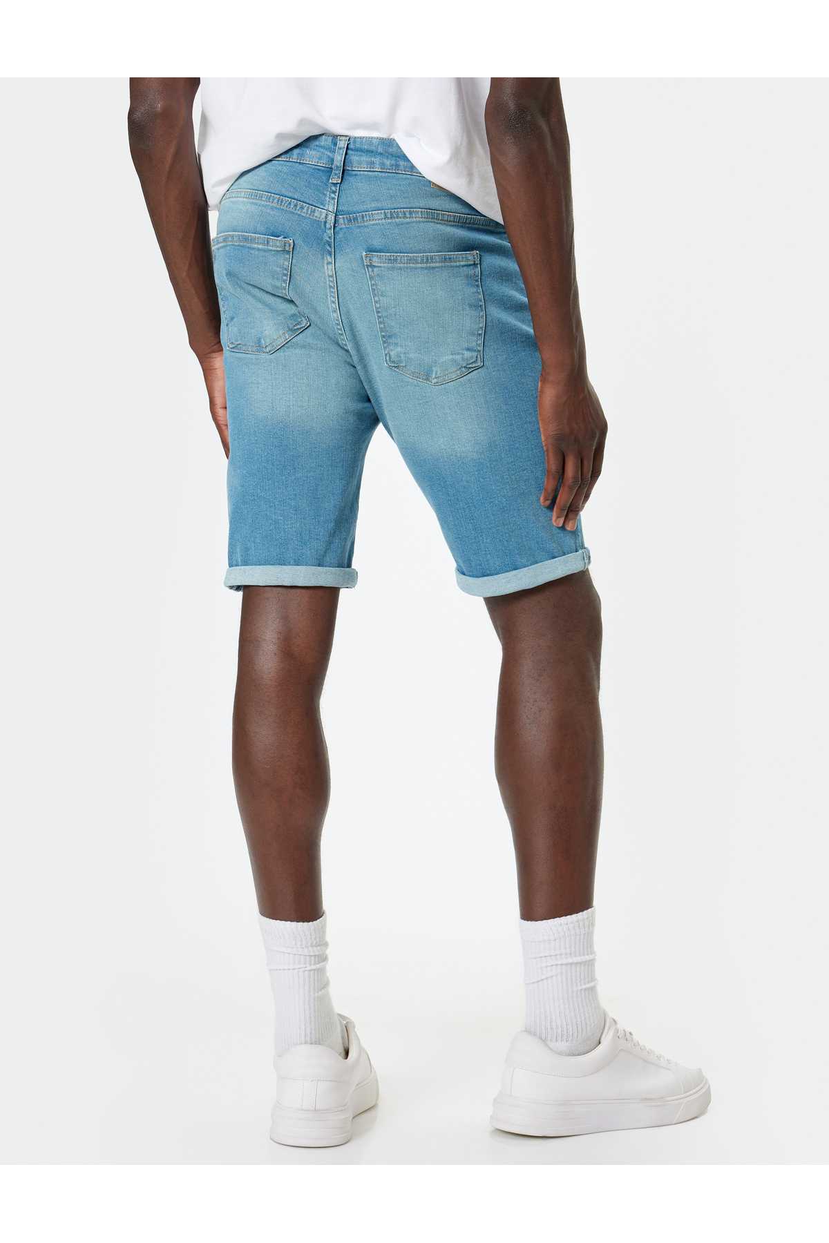 شلوارک جین باریک با جیب تاشو برمودا با جزئیات نخی