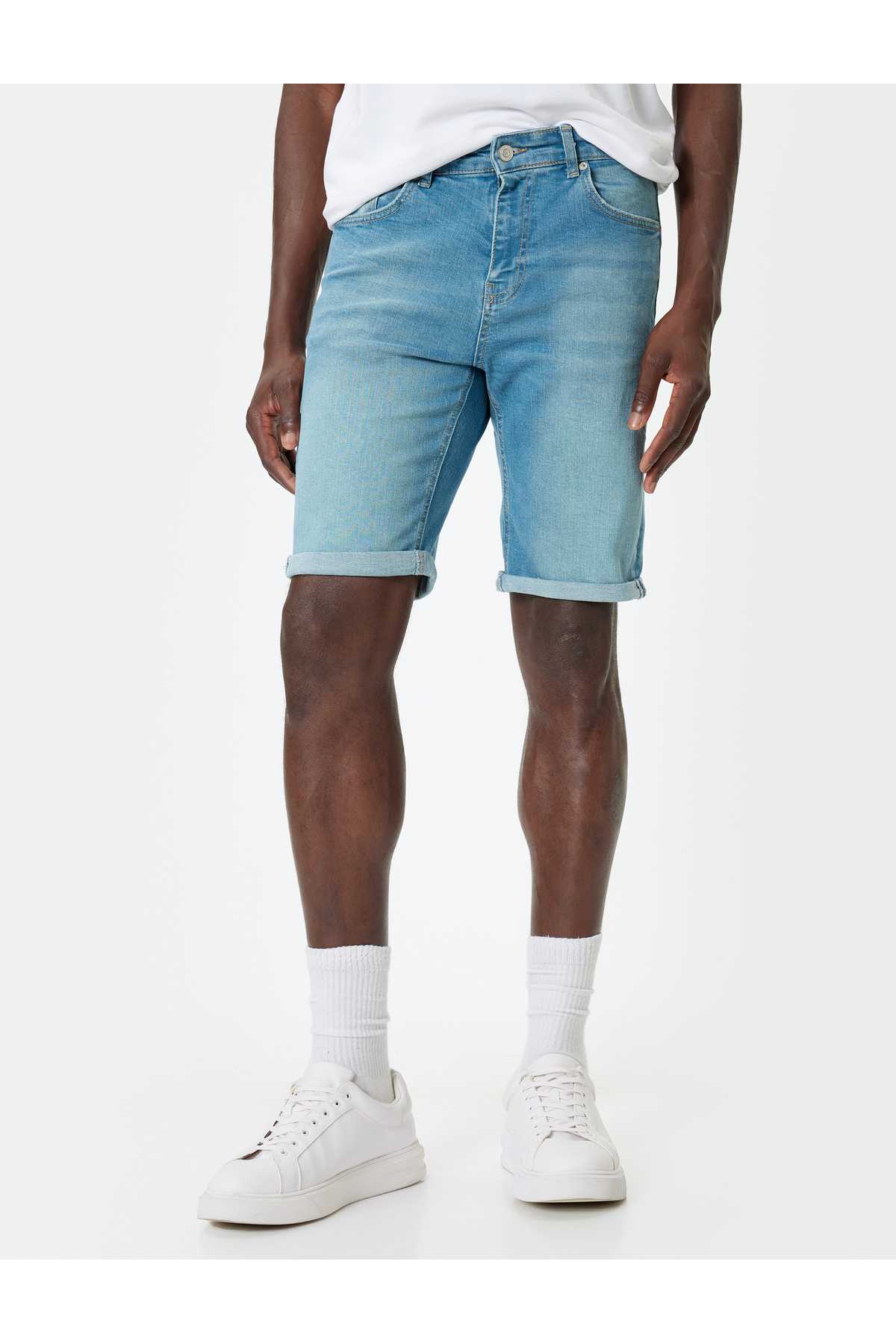 شلوارک جین باریک با جیب تاشو برمودا با جزئیات نخی