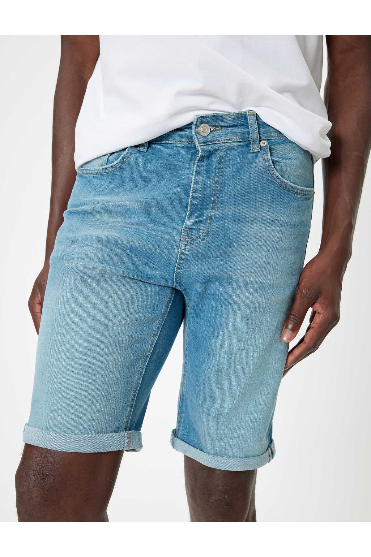 شلوارک جین باریک با جیب تاشو برمودا با جزئیات نخی