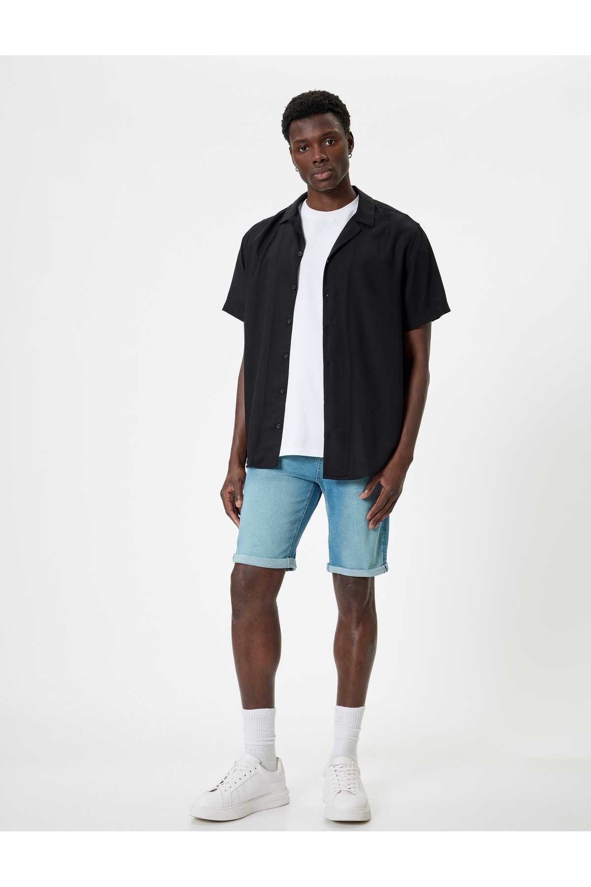 شلوارک جین باریک با جیب تاشو برمودا با جزئیات نخی