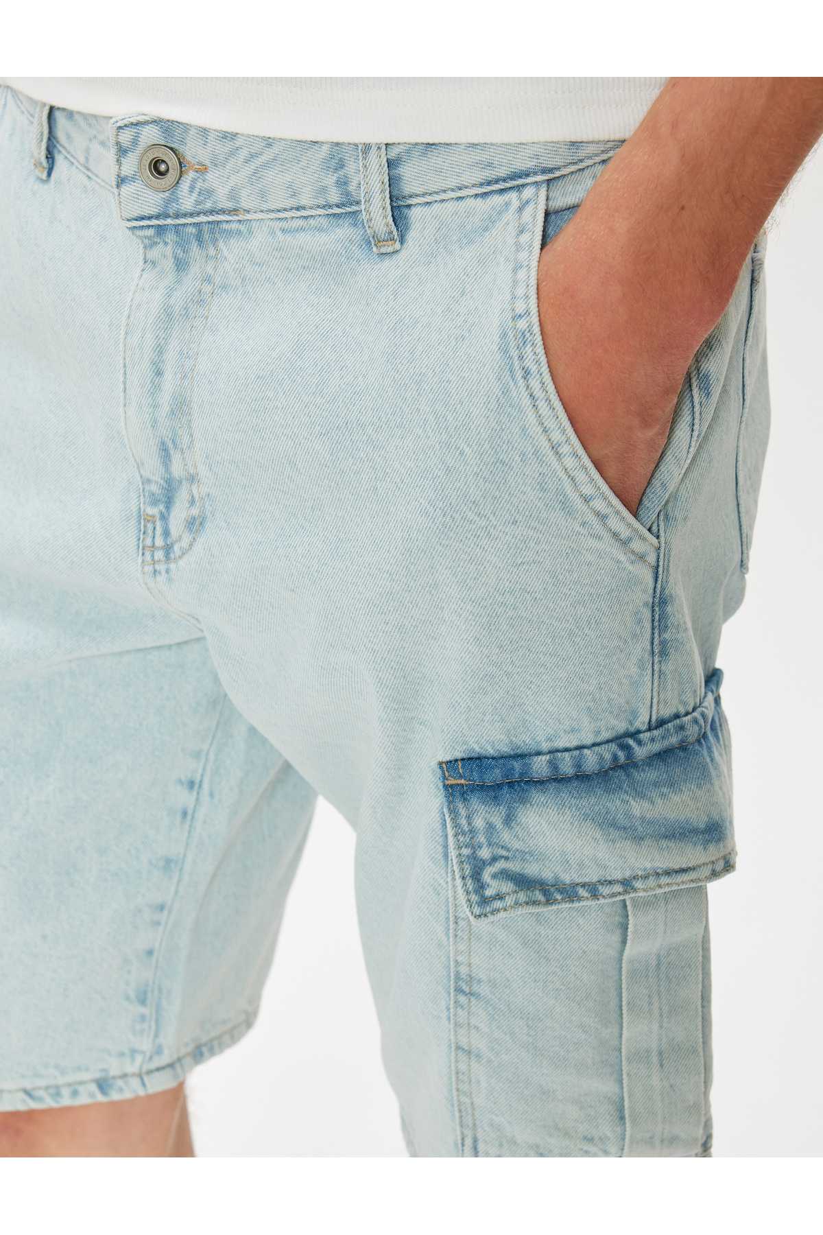 شلوارک جین باری سایز بزرگ برمودا با جزییات پنبه ای