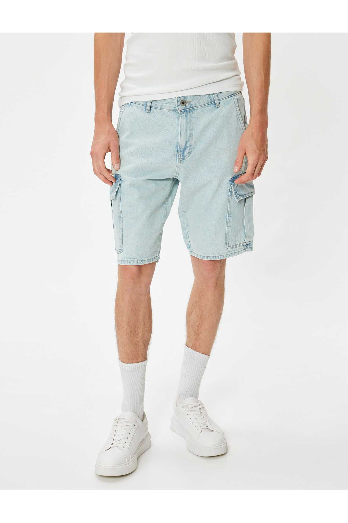 شلوارک جین باری سایز بزرگ برمودا با جزییات پنبه ای
