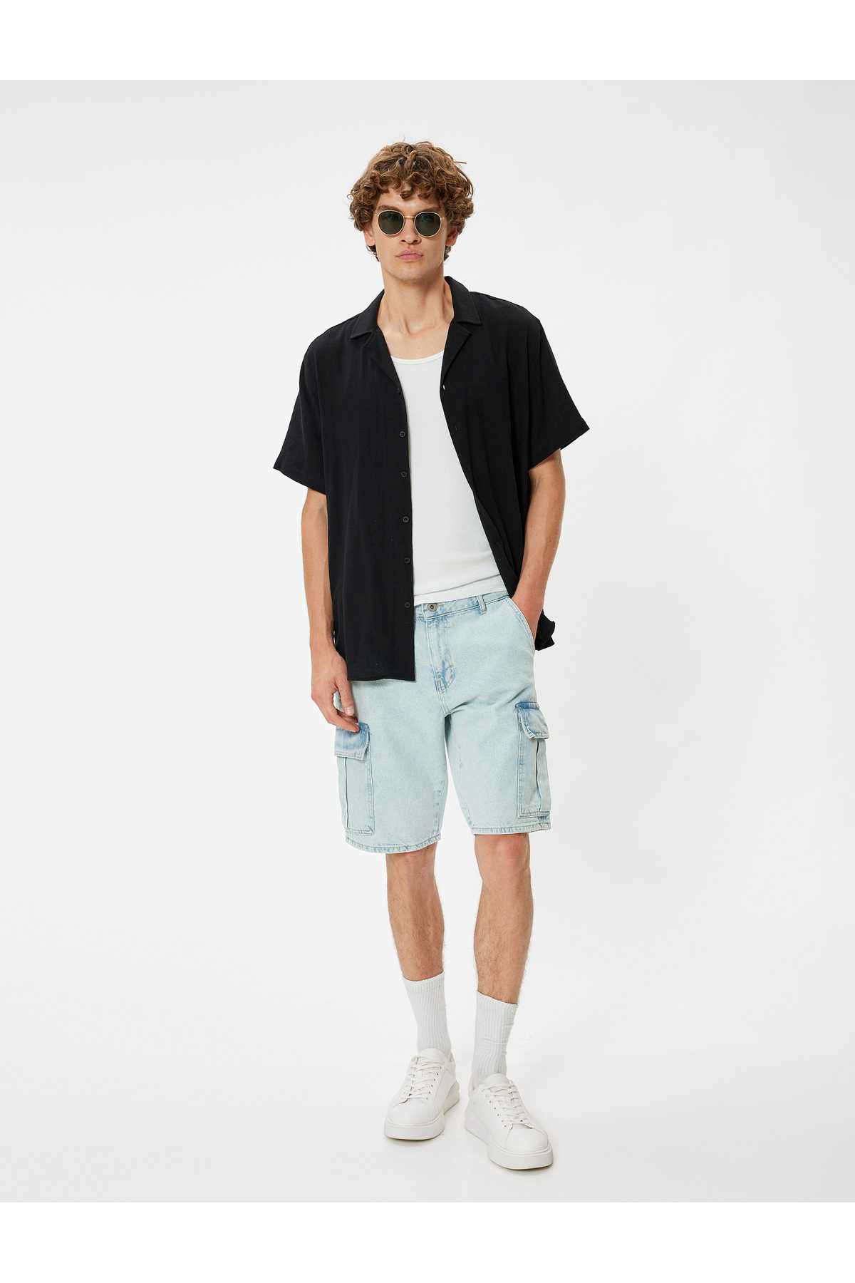 شلوارک جین باری سایز بزرگ برمودا با جزییات پنبه ای