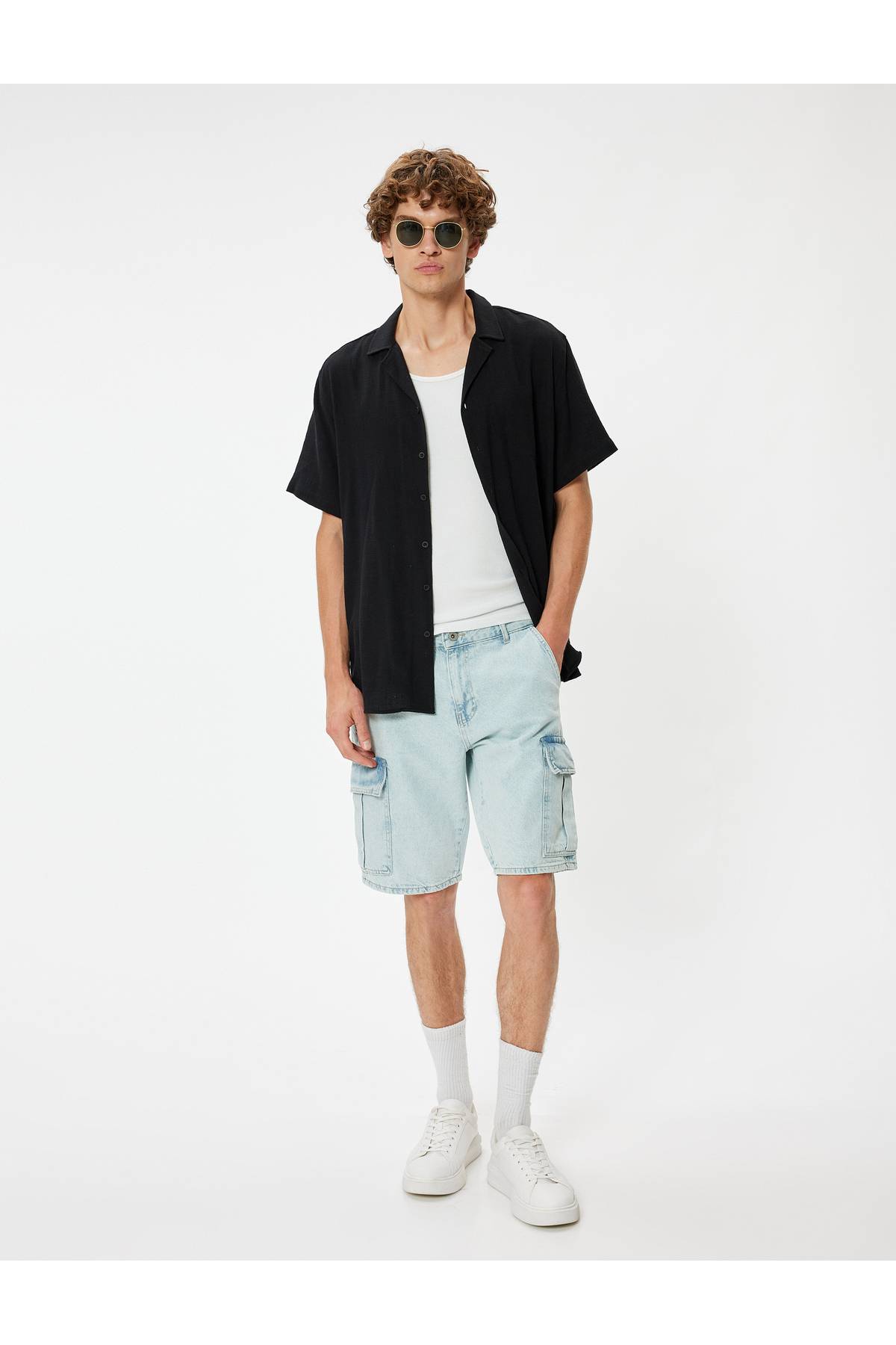 شلوارک جین باری سایز بزرگ برمودا با جزییات پنبه ای