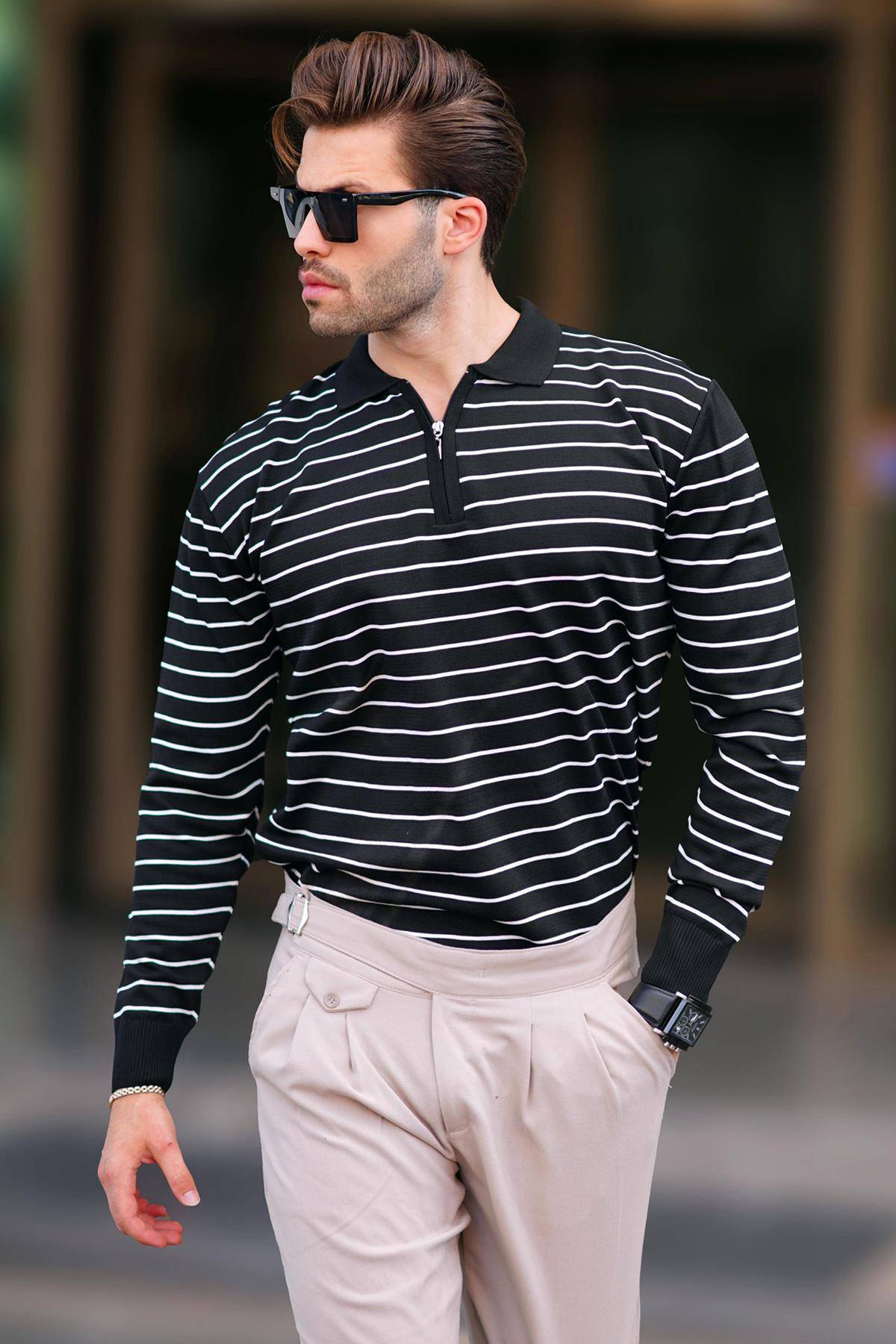 پلیور بافتنی یقه پولو راه راه زیپ دار