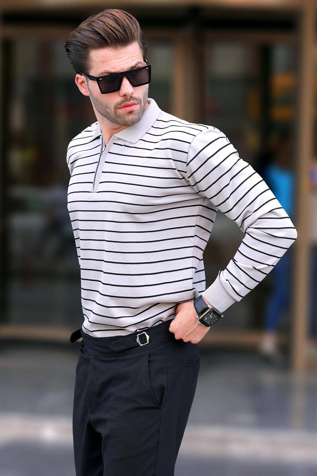 پلیور بافتنی یقه پولو راه راه زیپ دار