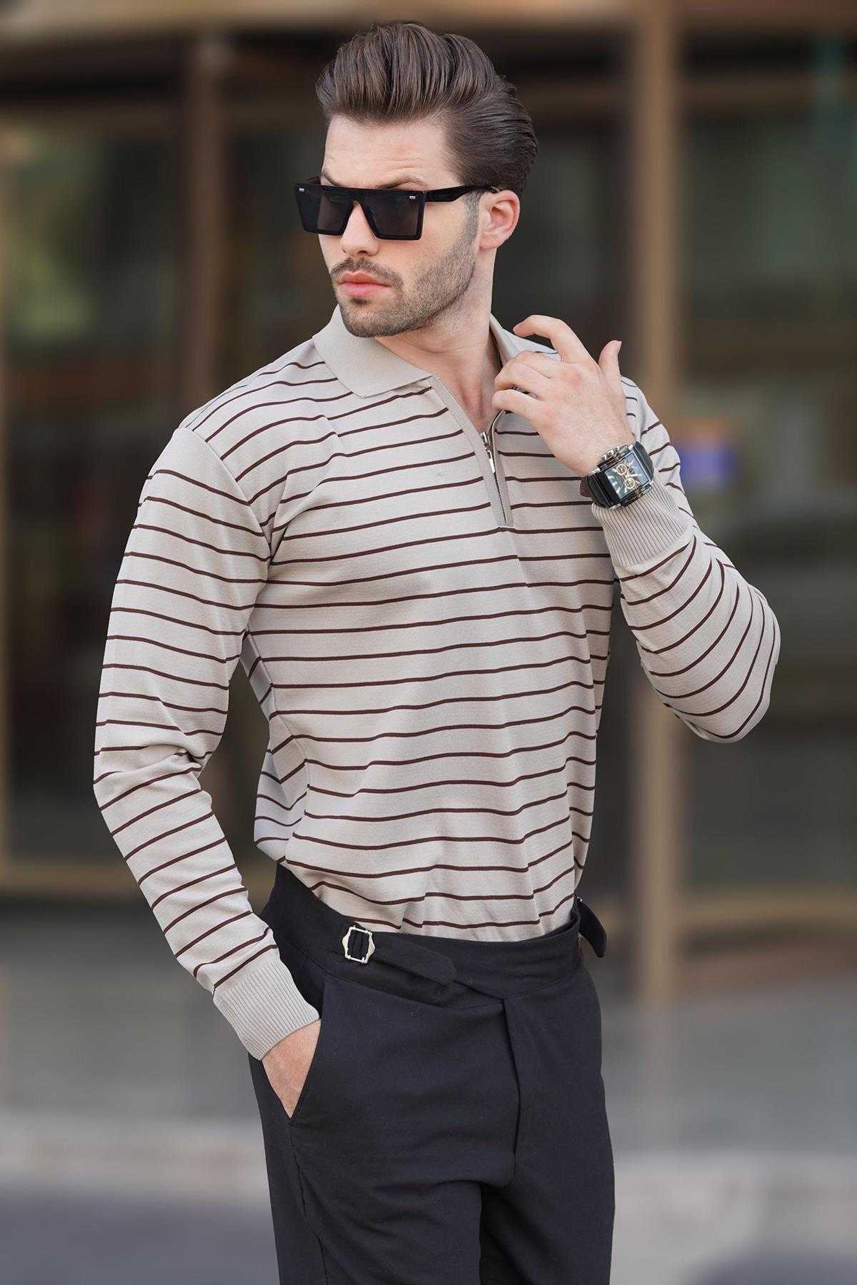 پلیور بافتنی یقه پولو راه راه زیپ دار