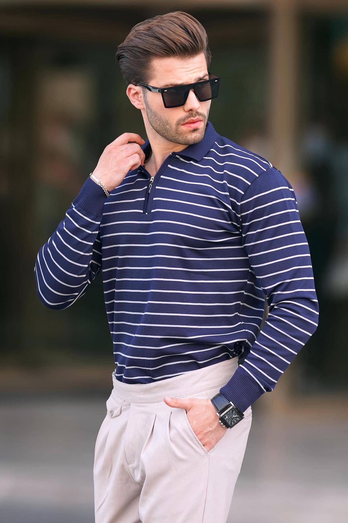 پلیور بافتنی یقه پولو راه راه زیپ دار